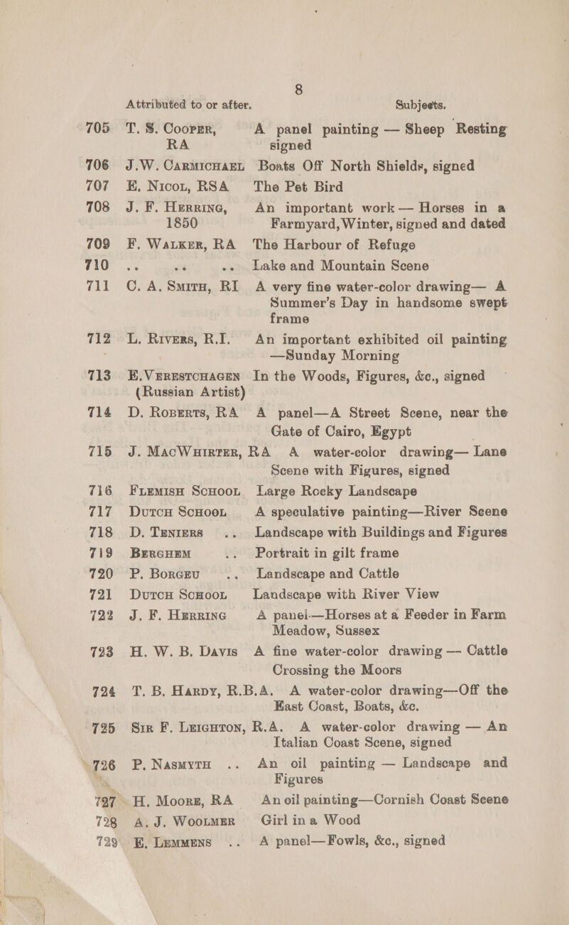 706 707 708 709 710 711 712 713 714 715 716 wal, 718 719 720 721 722 723 724 725 +726 ih 728 2g 8 Attributed to or after, Subjeets. T. 8. Coopmr, A panel painting — Sheep ‘Resting RA signed J.W.CarmicHaEL Boats Off North Shields, signed HK. Nicot, RSA The Pet Bird J. F. Herring, An important work — Horses in a 1850 Farmyard, Winter, signed and dated F, Waker, RA The Harbour of Refuge ; aig .. Lake and Mountain Scene 0, A. Siro, RI A very fine water-color drawing— A Summer’s Day in handsome swept frame L. Rivers, R.I. An important exhibited oil painting —Sunday Morning E.VERESTCHAGEN In the Woods, Figures, &amp;c., signed (Russian Artist) D. Roperts, RA A panel—A Street Scene, near the Gate of Cairo, Egypt J. MacWuirtEeR, RA A _ water-eolor drawing— Lane Scene with Figures, signed Furemish Scuoont, Large Rceky Landscape DutcH ScHoot A speculative painting—River Seene D. Tenrers .. Landscape with Buildings and Figures BERGHEM .. Portrait in gilt frame P. Borceu .. Landscape and Cattle DurcH ScHoot Landscape with River View J. F. Herrine A panei—Horses at a Feeder in Farm | Meadow, Sussex H. W. B. Davis A fine water-color drawing — Cattle Crossing the Moors T. B. Harpy, R.B.A. A water-color drawing—Off the Kast Coast, Boats, de. Sir F. Letcnton, R.A. A water-color drawing — An Italian Coast Scene, signed P,NasmytH .. An oil painting — TLandschpe and Figures A.J. Wootmer Girl in a Wood KE, Lemmens .. A panel—Fowls, &amp;c., signed