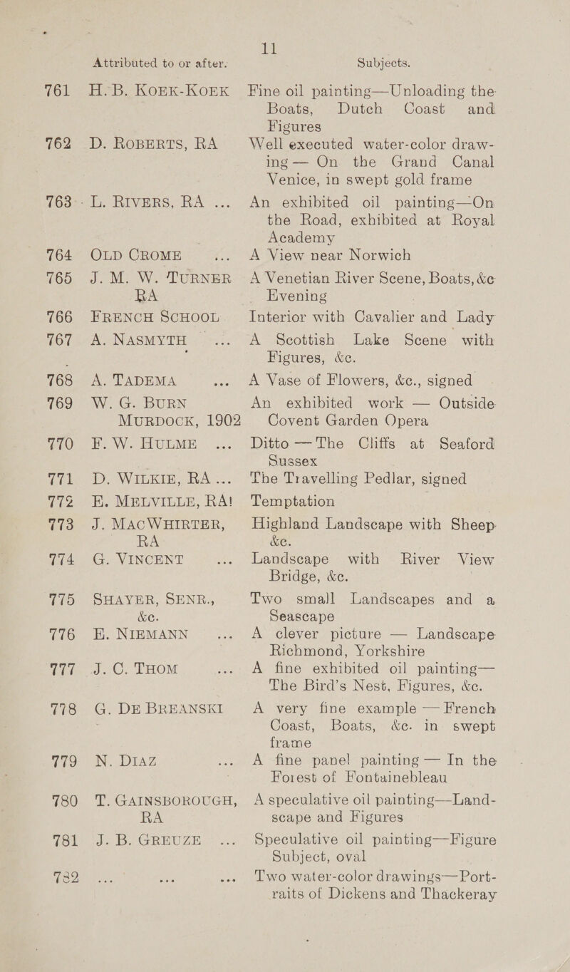 761 762 764 765 766 767 768 769 770 TA Ge 773 774 770 776 77 Attributed to or after. He-BAKORnK-KOBK D. ROBERTS, RA OLD CROME J. M. W. TURNER RA FRENCH SCHOOL A NASMYTH =: A. TADEMA W.G. BURN i. W. HULME Do Witkin RA... E. MELVILLE, RA! J. MACWHIRTER, RA G. VINCENT SHAYER, SENR., &amp;G. KEK. NIEMANN J.C. THOM G. DE BREANSKI IN. DIAZ T. GAINSBOROUGH, RA J- B. GREUZE PE | Subjects. Fine oil painting—Unloading the Boats, . Dutch Coast and Figures Well executed water-color draw- ing— On the Grand Canal Venice, in swept gold frame An exhibited oil painting—On the Road, exhibited at Royal Academy A View near Norwich A Venetian River Scene, Boats, &amp;&amp; Evening , A Scottish Lake Scene with Figures, &amp;c. A Vase of Flowers, &amp;c., signed An exhibited work — Outside Covent Garden Opera Ditto — The Cliffs at Seaford Sussex The Travelling Pedlar, signed Temptation Highland Landscape with Sheep: &amp;e. Landscape Bridge, &amp;e. Two small Landscapes and a Seascape A clever picture — Landscape Richmond, Yorkshire A fine exhibited oil painting— The Bird’s Nest, Figures, &amp;c. A very fine example — French Coast, Boats, &amp;c. in swept frame A fine pane! painting — In the Forest of Fontainebleau with River View A speculative oil painting—Land- scape and Figures Speculative oil painting—Figure Subject, oval Two water-color drawings— Port- raits of Dickens and Thackeray