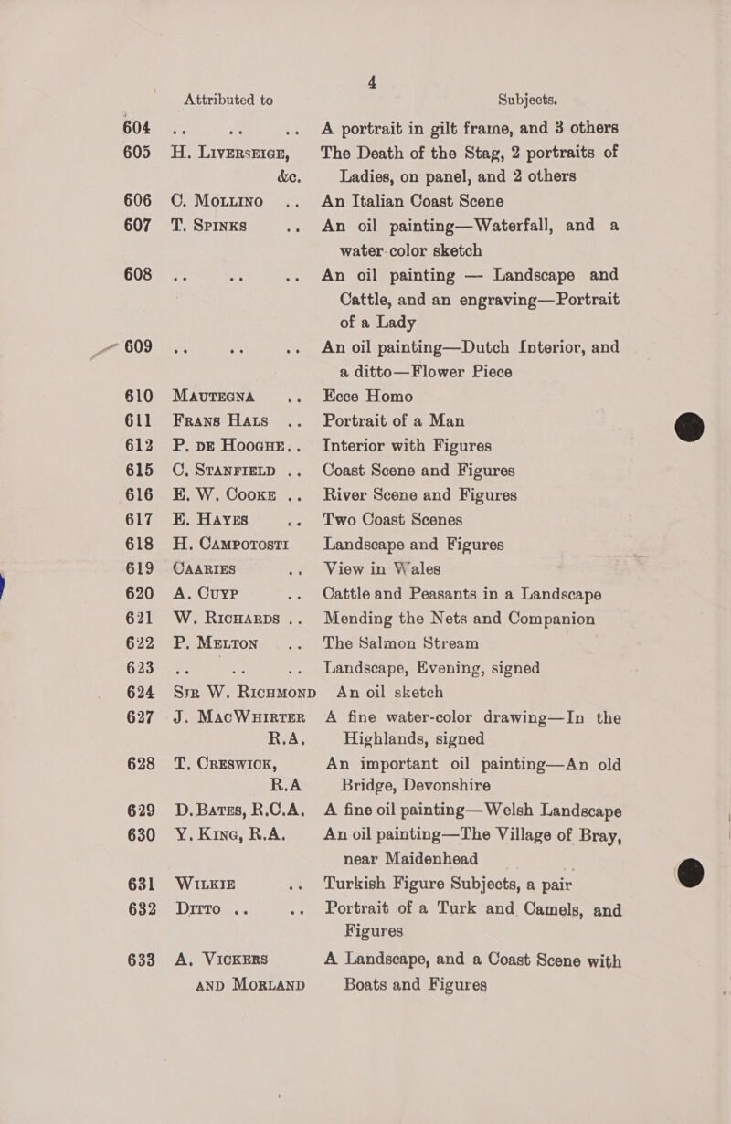 604 605 606 607 608 610 611 612 615 616 617 618 619 620 621 622 623 624 627 628 629 630 631 632 633 Attributed to H. LiversriceE, &amp;e. OC. MoLuino T. SPINKS MAUTEGNA Frans HALs P. pE Hooaue. . C, STANFIELD .. E, W. Cooke .. E. Hayes H. Camporost1 A. Cuyp W. RICHARDS .. P. MELToN J. MacWHIRTER R.A, T, CRESWICK, R.A D. Bates, R.C.A. Y. Kine, R.A. WILKIE Ditto .. A, VICKERS AND MoRLAND 4 Subjects. A portrait in gilt frame, and 3 others The Death of the Stag, 2 portraits of Ladies, on panel, and 2 others An Italian Coast Scene An oil painting—Waterfall, and a water-color sketch An oil painting — Landscape and Cattle, and an engraving— Portrait of a Lady An oil painting—Dutch Interior, and a ditto—Flower Piece Kece Homo Portrait of a Man Interior with Figures Coast Scene and Figures River Scene and Figures Two Coast Scenes Landscape and Figures View in Wales Cattle and Peasants in a Landscape Mending the Nets and Companion The Salmon Stream Landscape, Evening, signed An oil sketch A fine water-color drawing—In the Highlands, signed An important oil painting—An old Bridge, Devonshire A fine oil painting— Welsh Landscape An oil painting—The Village of Bray, near Maidenhead Turkish Figure Subjects, a pair Portrait of a Turk and Camels, and Figures A Landscape, and a Coast Scene with Boats and Figures  