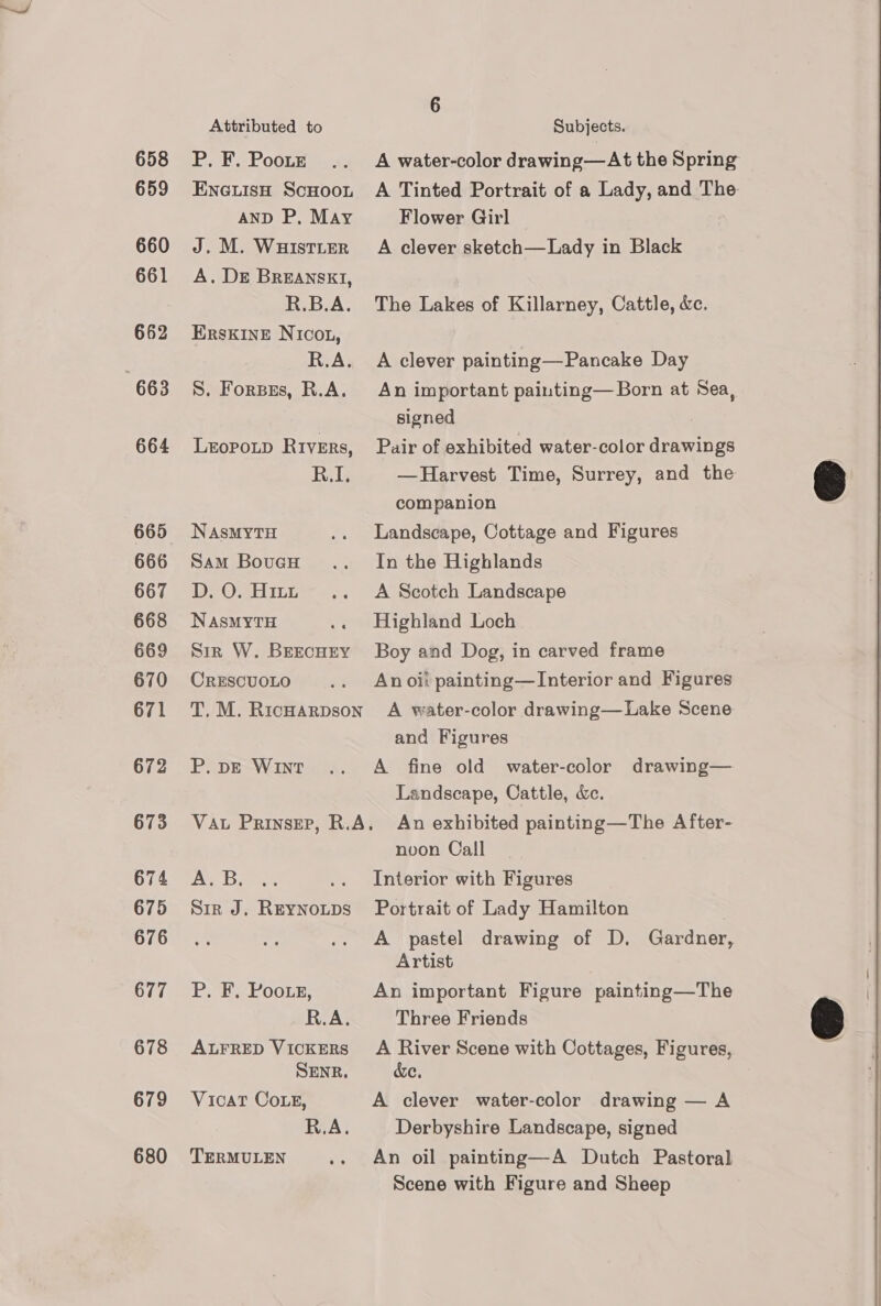 658 659 660 661 662 663 664 665 666 667 668 669 670 671 672 673 674 675 676 677 678 679 680 Attributed to P. F. Pooitz ENGLISH ScHOOL AND P. May J. M. WHISTLER A. De BrREANSsKI, R.B.A. ERSKINE NICOL, R.A. S. Forsss, R.A. Lropotp Rivers, R e I e NASMYTH Sam Boucu DOH ILE NASMYTH Sir W. BEEcHEY CRESCUOLO T, M. RicHARDSON P. pE WINtT 6 Subjects. A water-color drawing—At the Spring A Tinted Portrait of a Lady, and The Flower Girl A clever sketch—Lady in Black The Lakes of Killarney, Cattle, &amp;c. A clever painting—Pancake Day An important painting— Born at Sea, signed Pair of exhibited water-color drawings —Harvest Time, Surrey, and the companion Landscape, Cottage and Figures In the Highlands A Scotch Landscape Highland Loch Boy and Dog, in carved frame An oi: painting—Interior and Figures A water-color drawing—Lake Scene and Figures A fine old water-color drawing— Landscape, Cattle, &amp;e. ASB; Sir J. ReyNoups ‘PAB DOOLE: R.A. ALFRED VICKERS SENR. VicaT Cote, R.A. TERMULEN noon Call Interior with Figures Portrait of Lady Hamilton A pastel drawing of D. Gardner, Artist An important Figure painting—The Three Friends A River Scene with Cottages, Figures, &amp;e. A clever water-color drawing — A Derbyshire Landscape, signed An oil painting—A Dutch Pastoral Scene with Figure and Sheep  