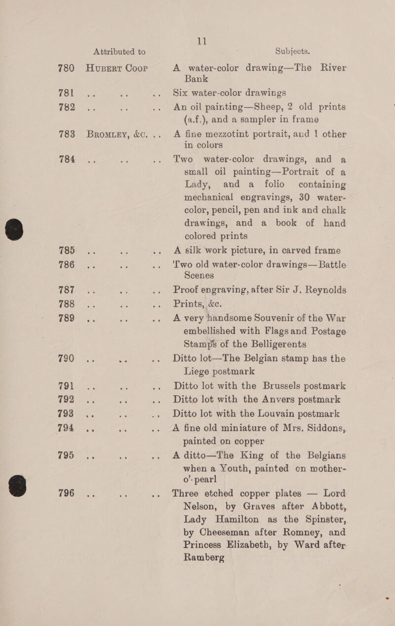 781 782 783 784 785 786 787 788 789 790 791 792 793 794 795 796 Attributed to 1] Subjects. A water-color drawing—The River Bank Six water-color drawings An oil painting—Sheep, 2 old prints (a.f,), and a sampler in frame A fine mezzotint portrait, aud 1 other in colors Two water-color drawings, and a small oil painting—Portrait of a Lady, aud a folio containing mechanical engravings, 30 water- color, pencil, pen and ink and chalk drawings, and a book of hand colored prints A silk work picture, in carved frame ‘Two old water-color drawings— Battle. Scenes Proof engraving, after Sir J. Reynolds Prints, &amp;e. A very handsome Souvenir of the War embellished with Flagsand Postage Stamps of the Belligerents Ditto lot—The Belgian stamp has the Liege postmark Ditto lot with the Brussels postmark Ditto lot with the Anvers postmark Ditto lot with the Louvain postmark A fine old miniature of Mrs. Siddons,. painted on copper A ditto—The King of the Belgians when a Youth, painted cn mother- o’- pearl Three etched copper plates — Lord Nelson, by Graves after Abbott, Lady Hamilton as the Spinster, by Cheeseman after Romney, and Princess Elizabeth, by Ward after. Ramberg