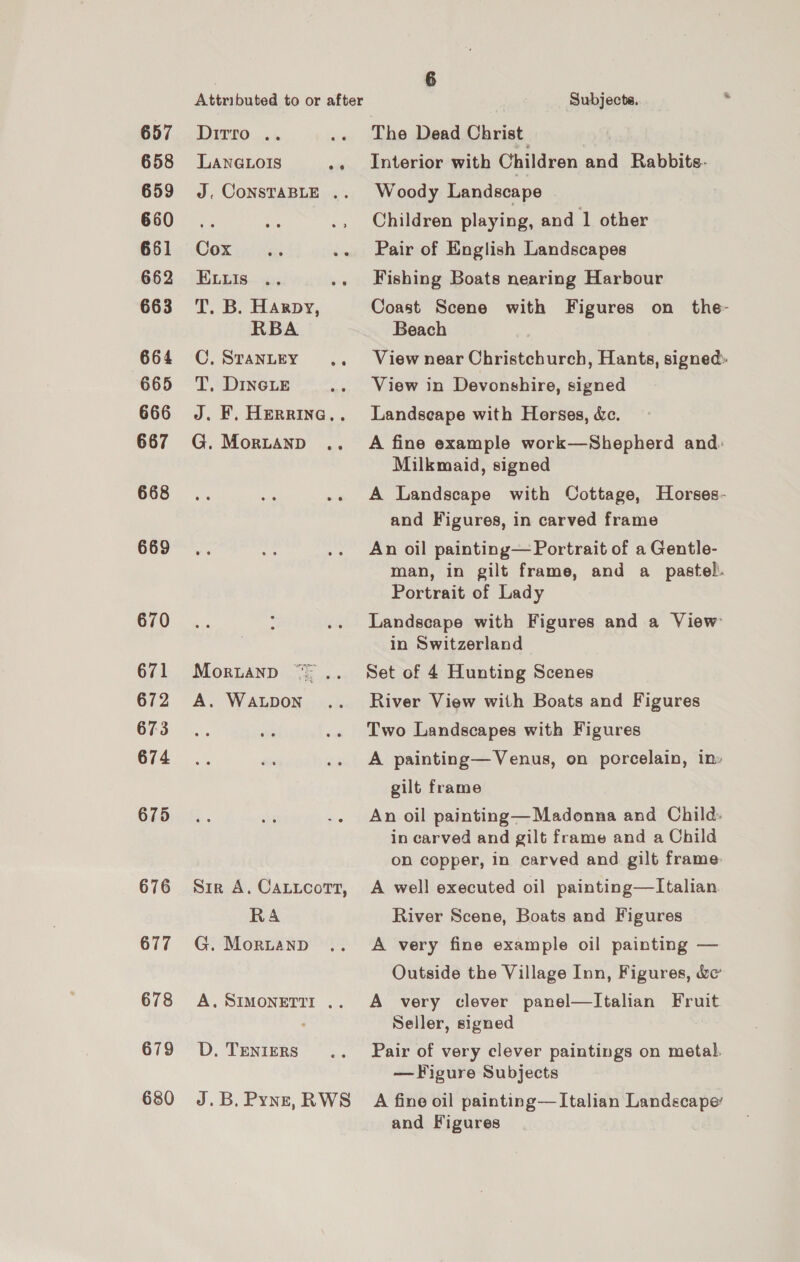 657 658 659 660 661 662 663 664 665 666 667 668 669 670 671 672 673 674 675 676 677 678 679 680 Attributed to or after Dirro .. LANGLOIS da J. CONSTABLE .. Cox ELLIs T. B. Harpy, RBA CO. STANLEY .. T. DINGLE J. F. HERRING.. G. Moruanp eae Mor.Lanp A. WALDON Sir A, CALLcort, RA G. Moruanp A. SIMONETTI .. D. TENIERS J.B. Pynz, RWS 6 Subjects. . The Dead Christ. Interior with Children and Rabbits- Woody Landscape Children playing, and 1 other Pair of English Landscapes Fishing Boats nearing Harbour Coast Scene with Figures on the- Beach View near Christchurch, Hants, signed» View in Devonshire, signed Landseape with Horses, d&amp;c. A fine example work—Shepherd and: Milkmaid, signed A Landscape with Cottage, Horses- and Figures, in carved frame An oil painting— Portrait of a Gentle- man, in gilt frame, and a pastel. Portrait of Lady Landscape with Figures and a View in Switzerland Set of 4 Hunting Scenes River View with Boats and Figures Two Landscapes with Figures A painting— Venus, on porcelain, in» gilt frame An oil painting—Madonna and Child: in carved and gilt frame and a Child on copper, in carved and gilt frame A well executed oil painting—lItalian River Scene, Boats and Figures A very fine example oil painting — Outside the Village Inn, Figures, &amp;c A very clever panel—Italian Fruit Seller, signed Pair of very clever paintings on metal. — Figure Subjects A fine oil painting—Italian Landscaper and Figures