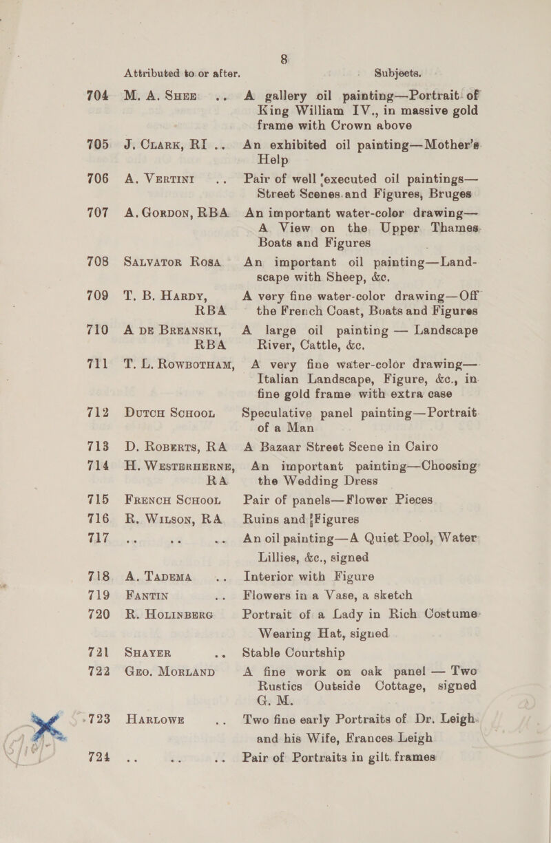 704 705 706 707 708 709 710 rg | 712 713 714 715 716 717 Attributed to or after. M. A. SHEE J. Cuark, RI .. A. VERTINI A. Gorpon, RBA SALVATOR Rosa T. B. Harpy, RBA A DE BREANSKI, RBA T. L. RowpotHam, Dutcu ScHoou D. Roxperts, RA H. WESTERBERNE, RA FRENCH SCHOOL R. Witson, RA A. TADEMA FANTIN R. HoLinBerG SHAYER Gro. MorLAND HARLOWE 8 Subjects. A gallery oil painting—Portrait: of King William IV., in massive gold frame with Crown above An exhibited oil painting—Mother’s. Help Pair of well ‘executed oil paintings— Street Scenes.and Figures, Bruges An important water-color drawing— A View on the. Upper Thames- Boats and Figures An important oil painting—Land- scape with Sheep, &e. A very fine water-color drawing—Off the French Coast, Boats and Figures A large oil painting — Landscape River, Cattle, &. A very fine water-color drawing—. Italian Landscape, Figure, &c., in. fine gold frame with extra case Speculative panel painting— Portrait. of a Man A Bazaar Street Scene in Cairo An important painting—Choosing the Wedding Dress Pair of panels—Flower Pieces Ruins and {Figures An oil painting—A Quiet Pool, Water Lillies, &c., signed Interior with Figure Flowers in a Vase, a sketch Portrait of a Lady in Rich Costume: Wearing Hat, signed Stable Courtship A fine work on oak panel — Two Rustics Outside Cottage, signed Two fine early Portraits of Dr. Leigh. and his Wife, Frances Leigh Pair of Portraits in gilt. frames