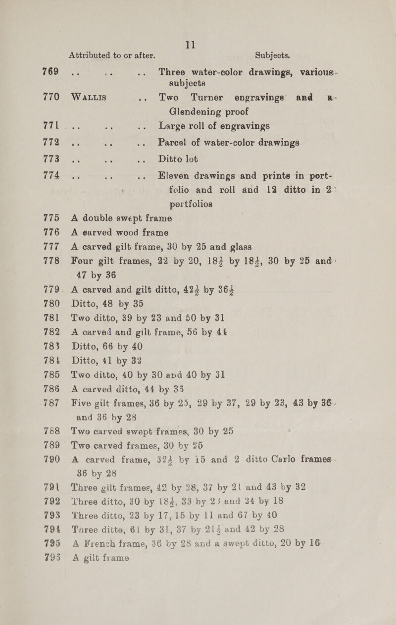 Attributed to or after. Subjects. 760 4 + .. Three water-color drawings, various: : subjects 770 Wattis .. Two Turner engravings and a: Glendening proof (4 aan Large roll of engravings 772 Parcel of water-color drawings (0 are OF .. Ditto lot 774 Eleven drawings and prints in port- folio and roll and 12 ditto in 2. portfolios 775 A double swept frame 776 A earved wood frame 777 ~=OA carved gilt frame, 30 by 25 and glass 778 Four gilt frames, 22 by 20, 184 by 184, 30 by 25 and: 47 by 36 779. A carved and gilt ditto, 424 by 364 780 Ditto, 48 by 35 781 Two ditto, 39 by 23 and 50 by 31 782 A carved and gilt frame, 56 by 44 783 Ditto, 66 by 40 784 Ditto, 41 by 32 785 Two ditto, 40 by 30 and 40 by 31 786 A carved ditto, 44 by 35 787 ~=©Five gilt frames, $6 by 25, 29 by 37, 29 by 23, 43 by 36- and 36 by 28 788 Two carved swept frames, 30 by 25 789 Two carved frames, 30 by 25 790 <A carved frame, 324 by 15 and 2 ditto Carlo frames - 36 by 28 791 Three gilt frames, 42 by 28, 37 by 21 and 43 by 32 792 Three ditto, 30 by 184, 33 by 23 and 24 by 18 793 ‘Three ditto, 23 by 17, 15 by 11 and 67 by 40 794 Three ditto, 61 by 31, 37 by 213 and 42 by 28 795 A French frame, 36 by 28 and a swept ditto, 20 by 16 795 =A gilt frame
