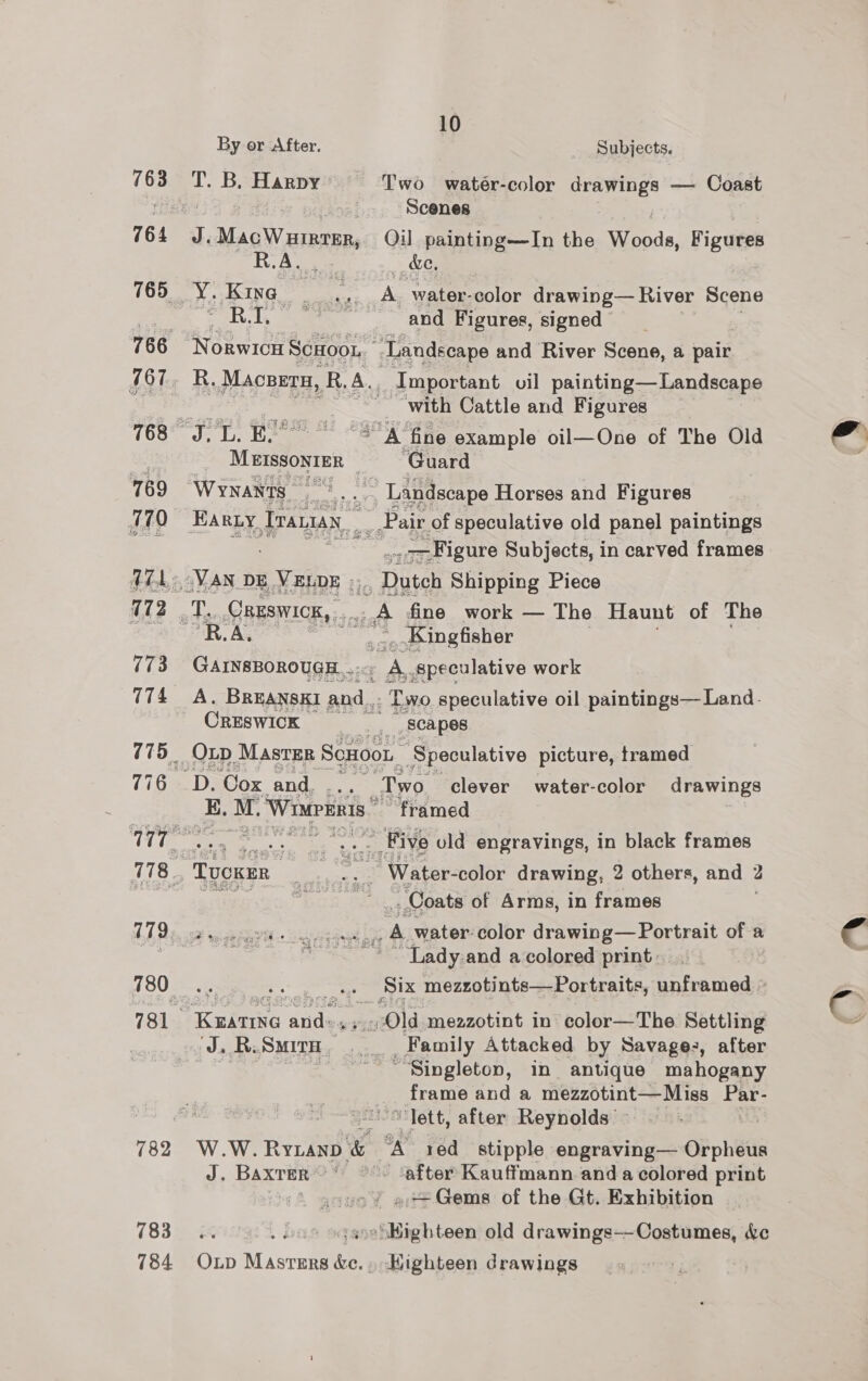 Subjects. Two watér-color ee — Coast Scenes Oil painting—In the Woods, Figures | ae, A. water- color drawing— River Scene and Figures, signed ‘Landscape and River Scene, a pair _ Important vil painting— Landscape ‘with Cattle and Figures nly ‘fine example oil—One of The Old ‘Guard .. Dutch Shipping Piece A fine work — The Haunt of The _ Kingfisher or Speculative work Two speculative oil paintings— Land. * scapes ‘Two. clever water-color drawings “framed . Coats of Arms, in frames By or After. 763 «=T. B. Harpy 764 J.MacWutrrer, RA. 765 ¥ Kong” igh OS 766 Norwicu Scxoo1, 167. R, Macsern, R, A. 1: Wi Gig Ppt Db co onl ae Merssonren | 769 Wynants 770 arty Trautay, : 421: VAN DE VERDE :,, 112 ode CREswick, é RAL : vos GarnsnonougE.., Ti tog. BREANSKI and CRESWICK 775. 776 D. Cox and, Py E M. ‘Winrenis ” Ce ae A 778. ore | 7179. 781 Kuatine and», ‘J, R.SMith 782 W.W. RYLAND &amp; J. BAxTEer~ 183) x% id C1 BE 784 Oxup Masters &amp;e. ~Lady-and acolored print. . Six mezzotints—Portraits, unframed » , Family Attacked by Savage-, after “Singleton, in antique mahogany frame and a mezzotint—Miss Par- “Tett, after Reynolds ~ ‘A red stipple engraving— Orpheus after Kauffmann and a colored print » Gems of the Gt. Exhibition Highteen drawings