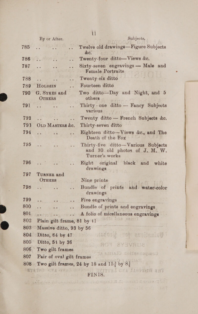 785 786 787 788 789 790 791 792 793 794 795 796 797 798 799 800 801 802 804 805 806 807 808 a mip By or After. HOoLBsIn G. SyKEs and OTHERS TURNER and OTHERS 7 il Subjects, . Twelve old drawings—Figure Subjects &amp;e. Twenty-four ditto— Views &amp;c. Sixty-seven engravings — Male and Female Portraits Twenty-six ditto Fourteen ditto Two ditto—Day and Night, and 5 others Thirty - one ditto — Fancy Subjects various. i Twenty ditto — French Subjects &amp;c. Thirty-seven ditto Kighteen ditto—Views &amp;c., and The Death of the Fox Thirty-five ditto—Various Subjects and 30 old photos of J. M. W. Turner’s works Hight original black and _ white drawings Nine prints Bundle of prints and water-color drawings Five engravings Bundle of prints and engravings A folio of micellaneous engravings Ditto, 64 by 47 Ditto, 54 by 36 Two gilt frames FINIS. —— i ee eee