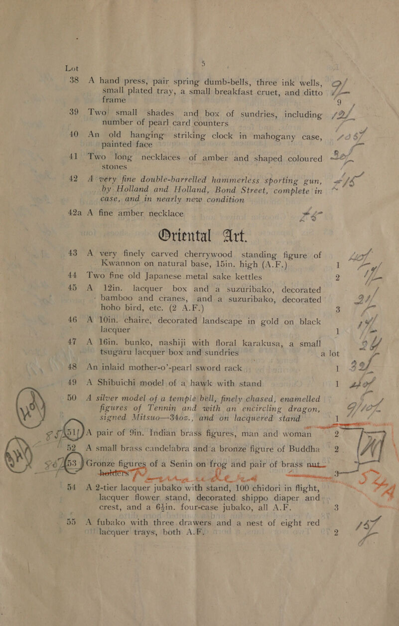 Lot 38 A hand press, pair spring dumb- bells, three ink wells, « f small plated tray, a small breakfast cruet, and ditto J loam frame A 39 Two} small shades and box of sundries, including /2/_ number of pearl card counters ; 4 ~40 An old hanging’ striking clock in mahogany case, 798 painted face — . rom 41 Two long necklaces. of amber and shaped coloured a stones Pie 42 A wery fine double-barrelled hammerless sporting gun, fA by Holland and Holland, Bond Street, complete in ~ case, and in nearly new condition 42a A fine amber necklace rE @rtental Art. 43 A very finely carved cherrywood standing figure of LL vA Kwannon on natural base, 15in. high (A.F.) ] of 44 Two fine old Japanese metal sake kettles 2 Y= 45 A 12in. lacquer box and a suzuribako, decorated a / - bamboo and cranes, and a suzuribako, decorated Zh hoho bird, etc. (2 A.F.) 3 7 ee 46 A 10in. chaire, decorated landscape in gold on black yo lacquer 1 pl 47 A 16in. bunko, nashiji with floral karakusa, a small 2 y) tsugaru lacquer box and sundries a lot va . > ¢ 48 An inlaid mother-o’-pearl sword rack 1 32 2M 49 A Shibuichi model of a hawk with stand OS A ake 50 A silver model of a temple bell, finely chased, enamelled RS Se”, figures of Tennin and with an encircling dragon, G OO fm \ : : signed Mitsuo—34oz., and on lacquered stand b aS: 52 Fad —F 55 A pair of 9in. Indian brass figures, man and woman A small brass candelabra and a bronze figure of Buddha  Gronze figures of a Senin on ed and pair of brass nut. RS tte EE See rennin A 2-tier eae jubako with stand, 100 chidori in flight, lacquer flower stand, decorated shippo diaper and crest, and a 6$in. four-case jubako, all A.F. 3 A fubako with three drawers and a nest of eight red | “lacquer trays, both A.F. 2