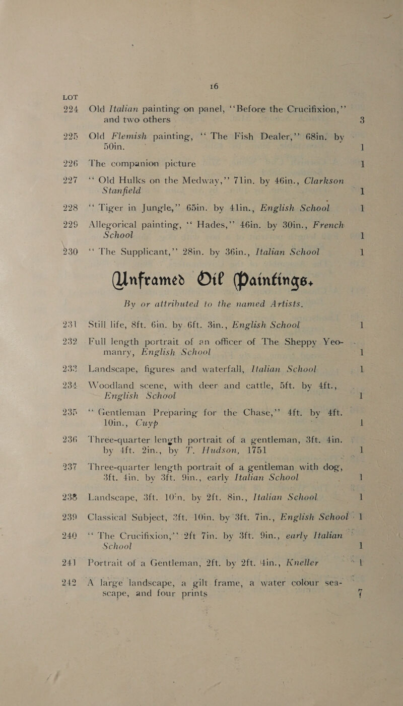 Old Italian painting on panel, ‘‘Before the Crucifixion,’ and two others Old Flemish painting, “* The Fish Dealer,’’ 68in, by 50in. The companion picture ‘“ Old Hulks on the Medway,’’ 7lin. by 46in., Clarkson Stanfield ‘“ Tiger in Jungle,’’ 65in. by 4lin., English School Allegorical painting, ‘‘ Hades,’’ 46in. by 30in., French School ‘“ The Supplicant,’’ 28in. by 36in., Italian School Unframed Oil Paintings. By or attributed to the named Artists. Still life, 8ft. 6in. by. 6ft. 3in., English School Full length portrait of an officer of The EPPS Y eo- manry, English School Landscape, figures and waterfall, Italian School Woodland scene, with deer and cattle, 5ft. by 4ft., English School ce yentleman Preparing for the Chase,’’ 4ft. by 4ft. 10in., Cuyp . Vhree-quarter length portrait of a gentleman, 3ft. 4in. by tft. 2in., by T. Hudson, 1751 Three-quarter length portrait of a gentleman with dog, 3ft. 4in. by 3ft. 9in., early Italian School Landscape, 3ft. 10:n. by 2ft. 8in., Italian School Classical Subject, 2ft. 10in. by 3ft. Tin., English School - ‘The Crucifixion,’’ 2ft Tin. by 3ft. 9in., early Italian | School Portrait of a Gentleman, 2ft. by 2ft. 4in., Kneller scape, and four prints
