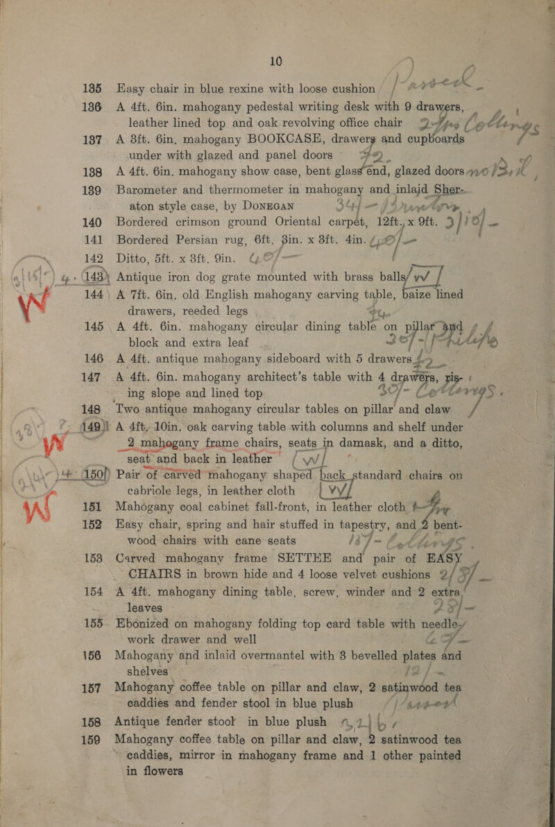 nu 135 136 137 138 139 140 141 142 ip - (149 144 | 145 146 147 148 149) 151 152 153 154 155. 156 157 158 159 10 | : Easy chair in blue rexine with loose cushion / “~*~ “o | A 4ft. 6in. mahogany pedestal writing desk with 9 draw rs, Pia leather lined top and oak revolving office chair 9 Ys 8 ble , A 3ft. 6in, mahogany BOOKCASE, drawerg and cupboards 7 under with glazed and panel doors “4 A 9 A 4ft. 6in. mahogany show case, bent glass end, glazed doors 420 / Sa Barometer and thermometer in ae ye and ee Sher. aton style case, by DoNEGAN 4S anetrvy . , Bordered crimson ground Oriental carte 12tt,, ar Ob. 3 Jie O/ Bordered Persian rug, 6ft, Zin. x 8ft. 4in. /, tO] - f Ditto, 5it. x 3ft. 9in. QGC/— . Antique iron dog grate mounted with brass af] A 7it. 6in. old English mahogany carving table aize lined drawers, reeded legs base A 4ft. 6in. mahogany circular dining table on ay lar and block and extra leaf ne i (ee Lf a A 4ft. antique mahogany sideboard with 5 sa ing slope and lined top Be /” CA Lette Wh : A 4ft, 10in. oak carving table with columns and shelf under 2 mahogany frame chairs, seats in damask, and a ditto, ade seat and bade in ‘leather’ (. ow Ai  eabr ‘ole legs, in leather cloth : vy Mahogany coal cabinet fall-front, in leather cloth 7 Easy chair, spring and hair stuffed in Tapes EY: Rae | bent- wood chairs with cane seats Oe LVS Carved mahogany frame SETTEKE ae pair ae: “EASY _ % CHAIRS in brown hide and 4 loose velvet cushions @/ , 7 A 4ft. mahogany dining table, screw, winder and 2 extra’ leaves AS Ebonized on mahogany folding top card table with needle” work drawer and well Ce F _ Mahogany and inlaid overmantel with 8 bevelled sities and shelves 12) = Mahogany coffee table on pillar and claw, 2 satinwood tea caddies and fender stool in blue plush | ange Antique fender stool in blue plush il b / Mahogany coffee table on pillar and claw, 2 satinwood tea caddies, mirror in mahogany frame and 1 other painted in flowers