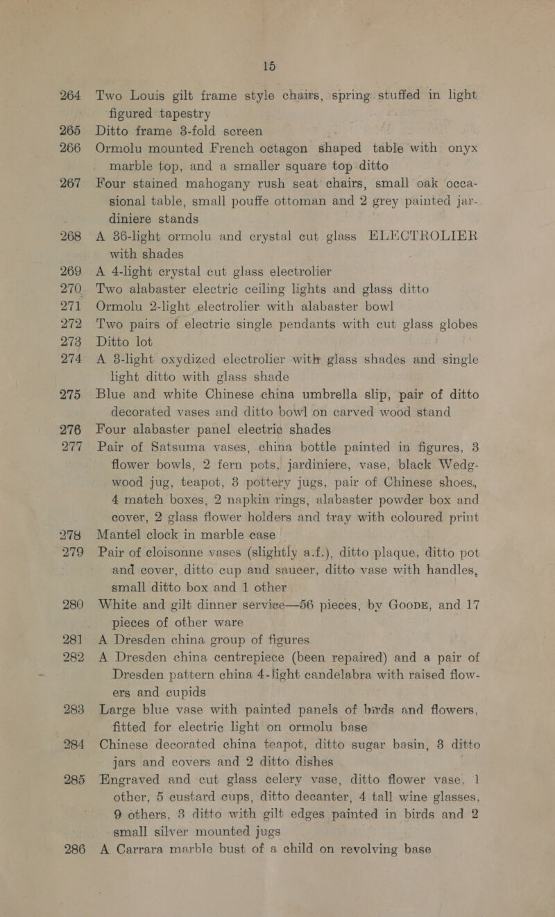 264 265 266 267 268 269 270. OTe 272 273 274 275 276 277 278 279 280 281 282 283 285 286 15 Two Louis gilt frame style chairs, spring stuffed in light figured: tapestry Ditto frame 3-fold screen Ormolu mounted French octagon Sisiped table with onyx marble top, and a smaller square top ditto Four stained mahogany rush seat chairs, small oak occa- sional table, small pouffe ottoman and 2 grey painted jar- diniere stands A 86-light ormolu and erystal cut glass KLECTROLIER with shades A 4-light crystal cut glass electrolier Two alabaster electric ceiling lights and glass ditto Ormolu 2-light electroler with alabaster bowl Two pairs of electric single pendants with cut glass globes Ditto lot A 8-light oxydized electrolier wit glass shades mr single hight ditto with glass shade Blue and white Chinese china umbrella slip, pair of ditto decorated vases and ditto bowl on carved wood stand Four alabaster panel electric shades Pair of Satsuma vases, china bottle painted in figures, 3 flower bowls, 2 fern pots, jardiniere, vase, black Wedg- wood jug, teapot, 8 pottery jugs, pair of Chinese shoes, 4 match boxes, 2 napkin rings, alabaster powder box and cover, 2 glass flower holders and tray with coloured print Mantel clock in marble case © Pair of cloisonne vases (slightly a.f.), ditto plaque, ditto pot and cover, ditto cup and saucer, ditto vase with handles, small ditto box and 1 other White and gilt dinner serviee—56 pieces, by GoopE, and 17 pieces of other ware A Dresden china group of figures A Dresden china centrepiece (been repaired) and a pair of Dresden pattern china 4-light candelabra with raised flow- ers and cupids Large blue vase with painted panels of birds and flowers, fitted for electric light on ormolu base Chinese decorated china teapot, ditto sugar basin, 3 ditto jars and covers and 2 ditto dishes Engraved and cut glass celery vase, ditto flower vase, 1 other, 5 custard cups, ditto decanter, 4 tall wine glasses, 9 others, 8 ditto with gilt edges painted in birds and 2 -gmall silver mounted jugs A Carrara marble bust of a child on revolving base