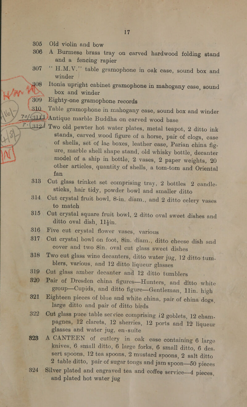 305 306 307 ns, a 17 Old violin and bow A Burmese brass tray on carved hardwood folding stand and a fencing rapier ‘“ H.M.V.’’ table gramophone in oak case, sound box and winder — Itonia upright cabinet gramophone in mahogany case, sound box and winder -70/L5 4 Aa - 313 315 316 317 318 319 820 823 824 stands, carved wood figure of a horse, pair of clogs, case of Shelia! set of lac boxes, leather case, Parian china fig- ure, marble shell shape stand, old whisky bottle, decanter model of a ship in bottle, 2 vases, 2 paper weights, 20 other articles, quantity of shells, a tom-tom and Oriental fan Cut glass trinket set comprising tray, 2 bottles 2 candle- sticks, hair tidy, powder bowl and smaller ditto Cut crystal fruit bowl, 8-in. diam., to match Cut crystal square fruit bowl, 2 ditto oval sweet dishes and ditto oval dish, 114in. Five cut crystal flower vases, and 2 ditto celery vases various Cut crystal bowl on foot, 8in. diam., ditto cheese dish and cover and two 8in. oval cut glass sweet dishes Two cut glass wine decanters, ditto water jug, 12 ditto tum- blers, various, and 12 ditto liqueur glasses Cut glass amber decanter and 12 ditto tumblers Pair of Dresden china figures—Hunters, and ditto white eroup—Cupids, and ditto figure—Gentleman, 1lin. high Highteen pieces of blue and white china, pair of china dogs, large ditto and pair of ditto birds Cut glass puce table service comprising i2 goblets, 12 cham- pagnes, 12 clarets, 12 sherries, 12 ports and 12 liqueur glasses and water jug, en-suite A CANTEEN of cutlery in oak case containing 6 large knives, 6 small ditto, 6 large forks, 6 small ditto, 6 des- Oe spoons, 12 tea spoons, 2 mustard spoons, 2 salt ditto 2 table ditto, pair of sugar tongs and jam spoon—50 pieces Silver plated and engraved tea and coffee service—4 pieces, and plated hot water Jug