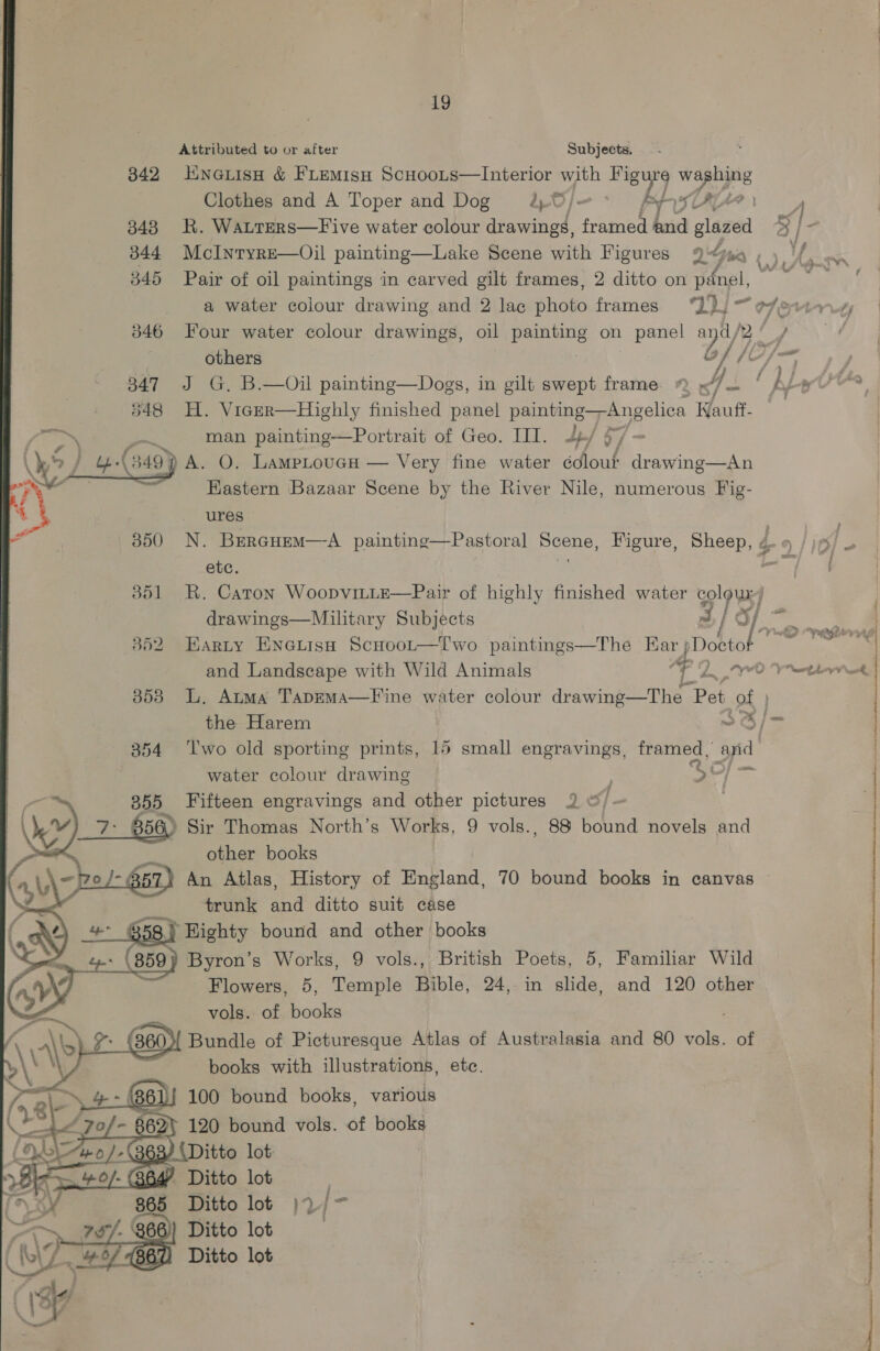 Attributed to or after Subjects. 3842 lneuisu &amp; FLemisH Scuoots—lInterior with ey woah Clothes and A Toper and Dog hae 843 KR. WaLTERS—Five water colour Bid “eageer hich glazed 3 /- 344 McInryre—Oil painting—Lake Scene with Figures 9g , ay 345 Pair of oil paintings in carved gilt frames, 2 ditto on panel, a a water colour drawing and 2 lac photo frames J)j “ eyant 846 Four water colour drawings, oil pores on panel a Va Are J 2, ' oi others Of /U/— , 347 J G, B.—Oil painting—Dogs, in gilt swept frame 2 /. { Al» 548 H. Vic—er—Highly finished panel ios 2 ae Wauff- man painting—Portrait of Geo. III. py A. O. LampLouGcH — Very fine water A Be drawing—An Eastern Bazaar Scene by the River Nile, numerous Fig- 4 ures  350 N. Bercuem—A painting—Pastoral Scene, Figure, Sheep, 4 9 / )5/ . etc. ae on 351 R. Caton Woopvitte—Pair of highly finished water colows) drawings—Military Subjects / °F ay. | 852 Harty EncLisa Scuoot—T'wo paintings—The Ear | ;Doeto on ae and Landscape with Wild Animals — 2. YO ¥etbn.. 358 LL. Atma Tapsma—Fine water colour drawing—The Pet of 7 the Harem &lt;x S| - 354 ‘Two old sporting prints, 15 small engravings, framed , ofa water colour drawing SO/ — Fifteen engravings and other pictures 2 S/- ) Sir Thomas North’s Works, 9 vols., 88 bound novels and other books An Atlas, History of England, 70 bound books in canvas trunk and ditto suit case 8} ’Highty bound and other books ) Byron’s Works, 9 vols., British Poets, 5, Familiar Wild Flowers, 5, Temple Bible, 24, in slide, and 120 other vols. of books \\'9) - (3603 Bundle of Picturesque Atlas of Australasia and 80 a, of \ books with illustrations, etc. 100 bound books, various 120 bound vols. of books '\Ditto lot . Ditto lot , Ditto lot }7/- Ditto lot ! Ditto lot    