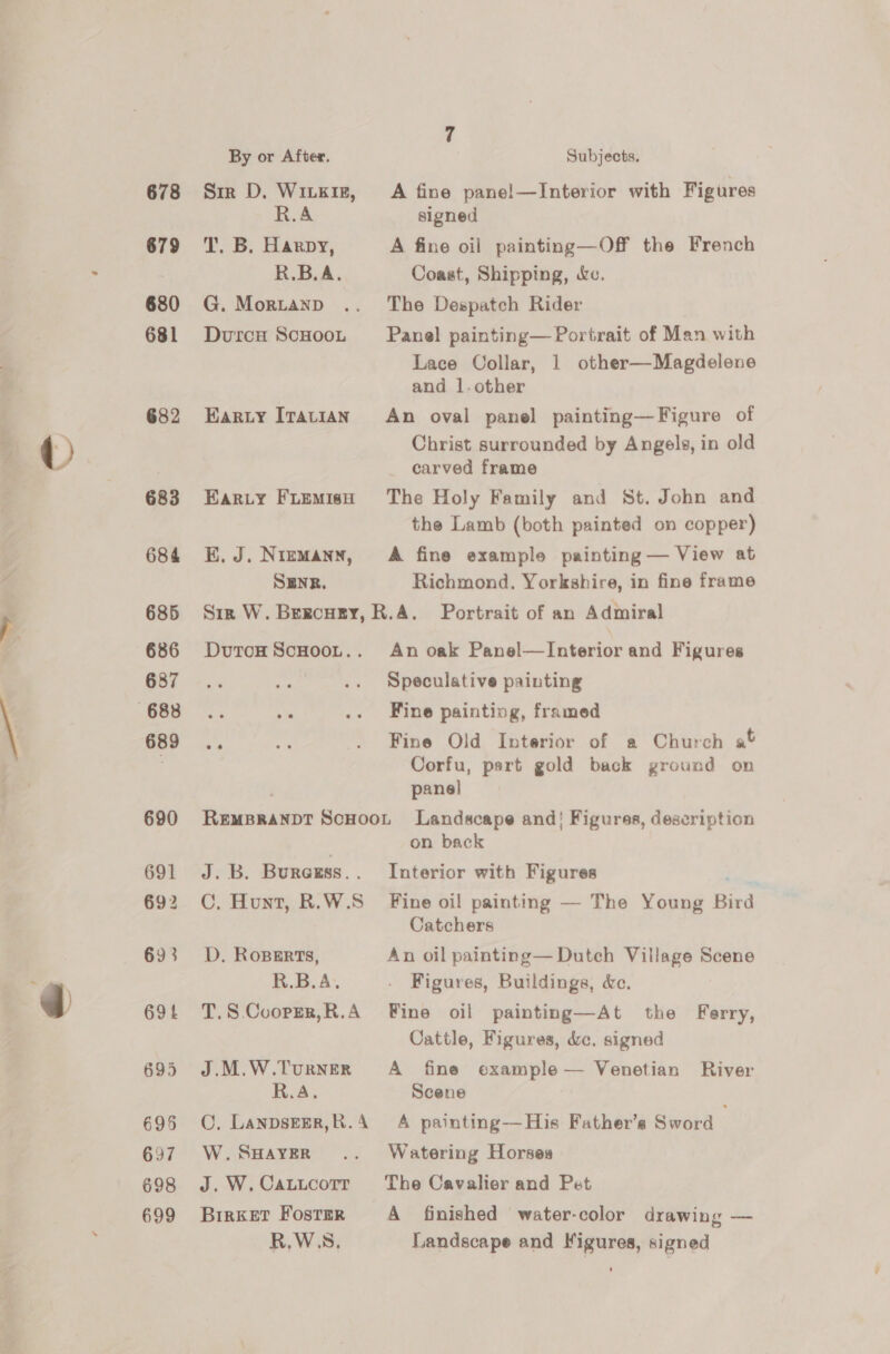 678 679 680 681 682 683 684 685 686 687 688 689 690 691 692 693 69t 695 697 698 699 By or After. Sir D. WiLKIE, R.A T. B,. Harpy, R.B.A. G. MorianpD Durcu ScHOOL Earuy ITALIAN EarRLy FLEMIsH K, J. NIEMANN, SENR. Subjects. A fine pane!—Interior with Figures signed A fine oil painting—Off the French Coast, Shipping, «ec. The Despatch Rider Panel painting— Portrait of Man with Lace Collar, 1 other—Magdelene and 1. other An oval panel painting—Figure of Christ surrounded by Angels, in old carved frame The Holy Family and St. John and the Lamb (both painted on copper) A fine example painting — View at Richmond. Yorkshire, in fine frame DutoH ScHOOL.. An oak Panel—Interior and Figures Speculative painting Fine paintiog, framed Fine Old Interior of a Church af Corfu, part gold back ground on pane] JB: Burcuss. f C. Hunt, R.W.S D. RoBeErts, R.B.A. T. S Cooprer,R.A J.M.W.TuRNER RAs C, LanpsrEr,R. 4A W. SHAYER J. W. CaLLcorr BirKeET Foster R.W.S. on back Interior with Figures Fine oil painting — The Young Bird Catchers An oil painting— Dutch Village Scene Figures, Buildings, &amp;e. Fine oil painting—At the Ferry, Cattle, Figures, dc. signed A fine example — Venetian River Scene 4 painting—His Father’s Sword Watering Horses The Cavalier and Pet A finished water-color drawing — Landscape and Figures, signed