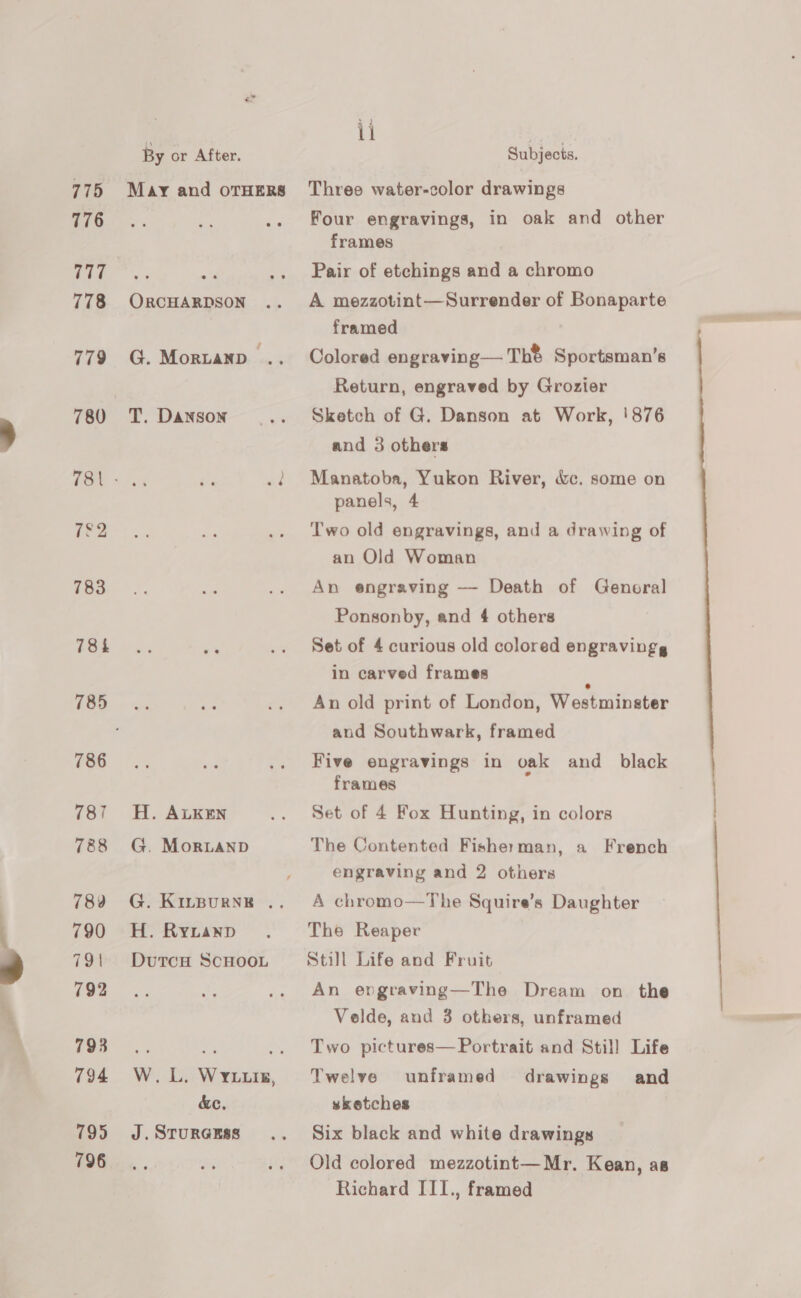 oa Pd sé 775 776 777 778 779 780 782 783 78% 785 786 787 788 789 790 191 792 793 794 795 796 By or After. May and OTHERS ORCHARDSON G. MorLAND .. T. Danson H. ALKEN G. MorLanpD G. K1ILBuRNE .. H. Rytanp DutcH SCHOOL W. L. WY.uiz, &amp;e. J. STURGESS il a Subjects. Three water-color drawings Four engravings, in oak and other frames Pair of etchings and a chromo A mezzotint—Surrender of Bonaparte framed Colored engraving—Th® Sportsman’s Return, engraved by Grozier Sketch of G. Danson at Work, '876 and 3 others Manatoba, Yukon River, &amp;c. some on panels, 4 Two old engravings, and a drawing of an Old Woman An engraving — Death of General Ponsonby, and 4 others Set of 4 curious old colored engravingg in carved frames : An old print of London, Westminster and Southwark, framed Five engravings in vak and_ black frames Set of 4 Fox Hunting, in colors The Contented Fisherman, a French engraving and 2 others A chromo—The Squire’s Daughter The Reaper Still Life and Fruit An engraving—The Dream on the Velde, and 3 others, unframed Two pictures— Portrait and Still Life Twelve unframed drawings and sketches Six black and white drawings Old colored mezzotint—Mr. Kean, as Richard III., framed