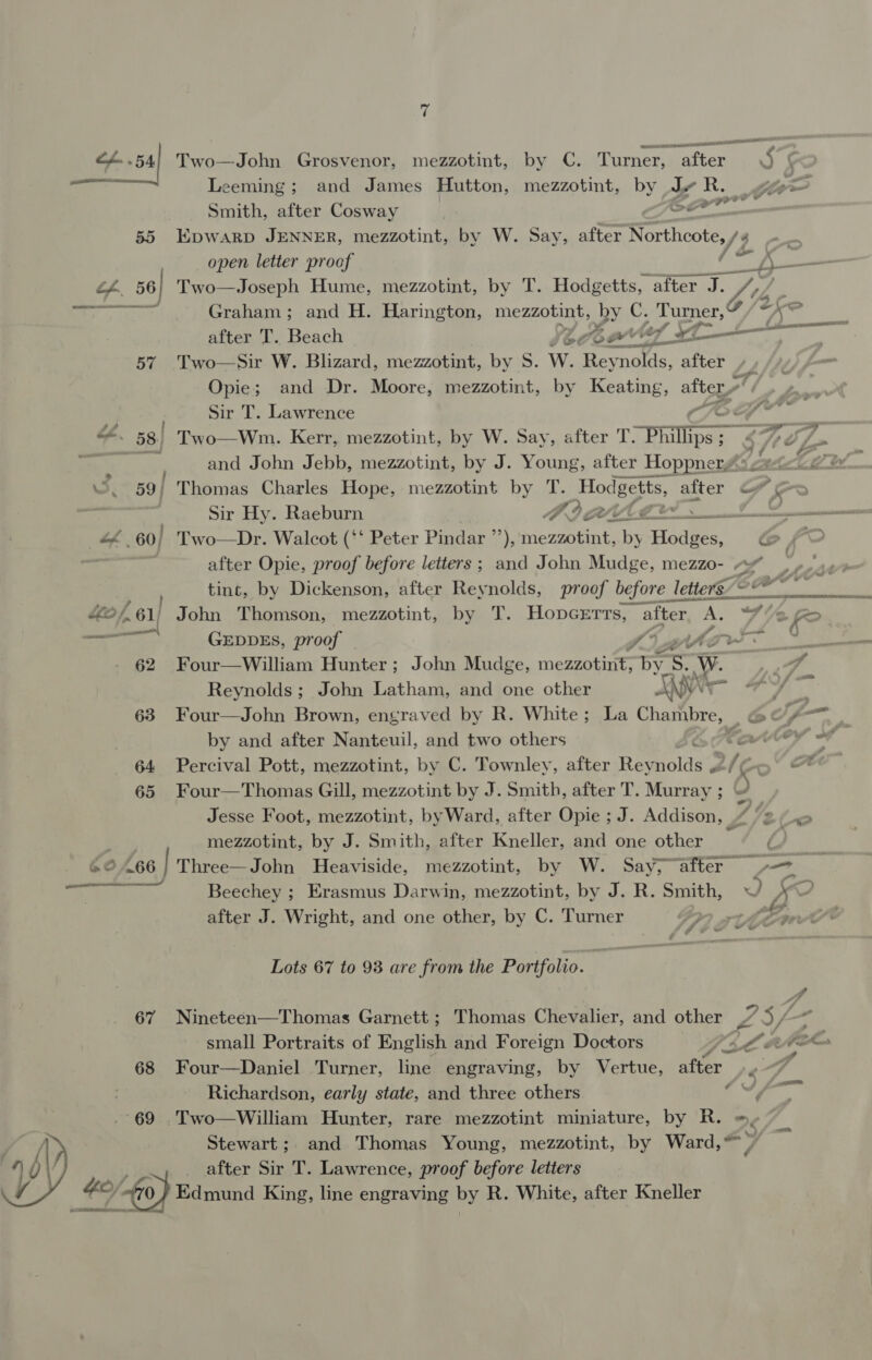 cH .54| Two—John Grosvenor, mezzotint, by C. Lee Ee 5 | Leeming; and James Hutton, mezzotint, by Jv R Cr Smith, after Cosway oe ecb 55 KpDWARD JENNER, mezzotint, by W. Say, after Northcote, , / 3 open letter proof ‘Sal. Lf. 56] Two—Joseph Hume, mezzotint, by T. Hodgetts, ‘after J. Pi ner Graham; and H. Harington, mezzotint, by C. Turner, 7 ike after T. Beach L Af 57 Two—Sir W. Blizard, mezzotint, by S. W. Reynolds, after /. Opie; and Dr. Moore, mezzotint, by Keating, after,» 7 Sir T. Lawrence Fo: “~ 58 Two—Wnm. Kerr, mezzotint, by W. Say, after T. Phillips s §: 7p —}— ©. 59) Thomas Charles Hope, mezzotint by T. Podosite, after &amp; A —~ ; | Sir Hy. Raeburn y OP uf £ A an oe, 60) Two—Dr. Walcot (‘‘ Peter Pindar ”’), Seal 5s by Hodges, (&gt; after Opie, proof before letters ; and John Mudge, mezzo- ~ : pe tint, by Dickenson, after Reynolds, proof before letters. 1G/ Oe kof, 61) John Thomson, mezzotint, by T. Hopeerts, : after A. we fe | GEDDES, proof Sf” ’ Ag a ov 0 62 Four—William Hunter; John Mudge, mezzotint, by. Se W. ee Reynolds ; John Latham, and one other A A 63 Four—John Brown, engraved by R. White; La Chambre, | @¢« p— . by and after Nanteuil, and two others 1% : 64 Percival Pott, mezzotint, by C. Townley, after Rey ids 2 /¢ ot 65 Four—Thomas Gill, mezzotint by J. Smith, after T. Murray ; Jesse Foot, mezzotint, byWard, after Opie ; J. Addison, # mezzotint, by J. Smith, after Kneller, and one other — 6 © 166 | Three—John Heaviside, mezzotint, by W. Say,~after — e &gt; x TO Beechey ; Erasmus Darwin, mezzotint, by J. R. Smith, 7) SO after J. Wright, and one other, by C. Turner bp toe J Pi ek Lots 67 to 93 are from the Portfolio. 67 Nineteen—Thomas Garnett; Thomas Chevalier, and other (7 5 /-~ small Portraits of English and Foreign Doctors PoC RA 68 Four—Daniel Turner, line engraving, by Vertue, after ‘ Richardson, early state, and three others 69 .Two—William Hunter, rare mezzotint miniature, by R. »y» Stewart; and Thomas Young, mezzotint, by Ward, * 7 after Sir T. Lawrence, proof before letters HO/ 70 Edmund King, line engraving by R. White, after Kneller SERRATE , i * 