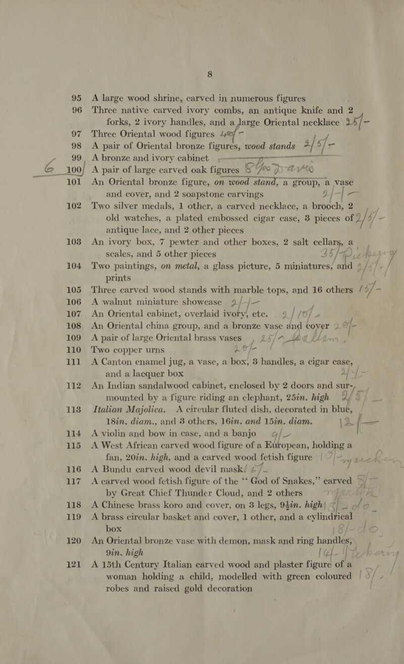95 &lt;A large wood shrine, carved in numerous figures 96 Three native carved ivory combs, an antique knife and 2 forks, 2 ivory handles, and a large Oriental necklace 25/ - 97 Three Oriental wood figures 4% 7 98 A pair of Oriental bronze figures, wood stands a/ /- 99, A bronze and ivory cabinet »— US 20a “Tr ae =, SP &gt; _100/ A pair of large carved oak figures Ss Of oe Yt) 101 An Oriental bronze figure, on wood san a group, a vase and cover, and 2 soapstone carvings y) / | 7- 102 Two silver medals, 1 other, a carved necklace, a brooch, 2 old watches, a plated embossed cigar case, 3 pieces of 2/4, antique lace, and 2 other pieces 103 An ivory box, 7 pewter and other boxes, 2 salt cellars, a_ scales, and 5 other pieces 33/py Aah 104 Two paintings, on metal, a glass picture, 5 miniatures, a and ©, prints 105 Three carved wood stands with marble tops, and 16 others / - 106 A walnut miniature showcase 2/-/— 107 An Oriental cabinet, overlaid ivory, ete. 4 | [0] - ; 108 An Oriental china group, and a bronze vase and cover 2.@}- 109 A pair of large Oriental brass vases, 25/~_L6 a / 3 ‘ Y/- 110 ‘Two copper urns ad £ 111 A Canton enamel jug, a vase, a box, 3 handles, a cigar Case, and a lacquer box a4} &gt; 112 An Indian sandalwood cabinet, enclosed by 2 doors and sur-, | mounted by a figure riding an elephant, 25in. high 1S fi. 1138 Italian Majolica. A circular fluted dish, decorated in blue, 18in. diam., and 3 others, 16in. and 15in. diam. \2 f— 114 A violin and bow in case, anda banjo § g/_ 115 A West African carved wood figure of a European, holding a fan, 20in. high, and a carved wood fetish figure y 116 A Bundu carved wood devil mask. gf, “d 117 Acarved wood fetish figure of the ‘‘ God of Snakes,” carved &gt; by Great Chief Thunder Cloud, and 2 others - es ae yy 2 118 A Chinese brass koro and cover, on 3 legs, 94in. high) &lt; | ue Aso 119 A brass circular basket and cover, 1 other, and a cylin itieal box 16/-dk 120 An Oriental bronze vase with demon, mask and ring handles, . 9in. high 1G rs LZ 121 A 15th Century Italian carved wood and plaster figure of a r woman holding a child, modelled with green coloured | y/ robes and raised gold decoration