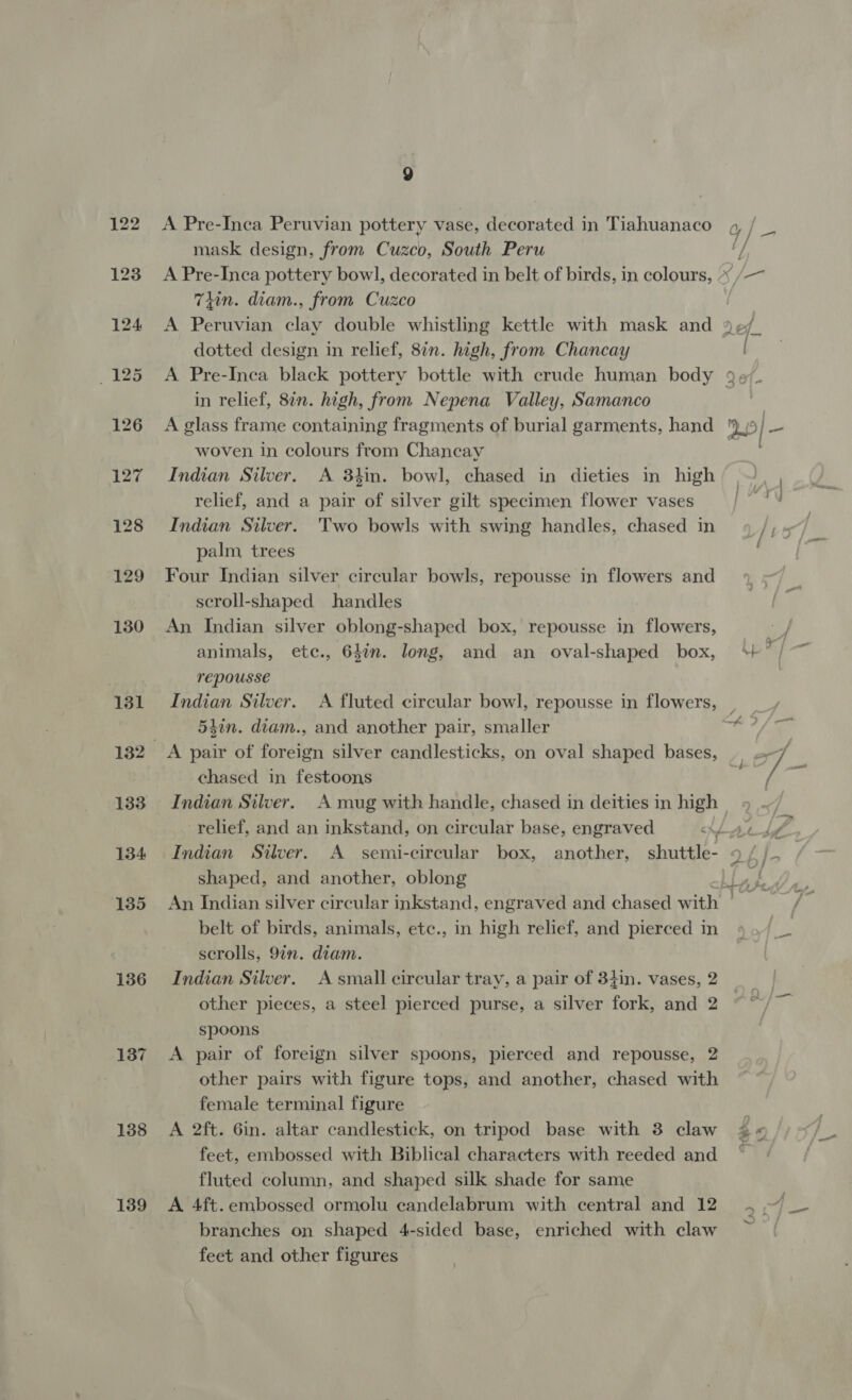 136 137 138 139 9 A Pre-Inca Peruvian pottery vase, decorated in Tiahuanaco mask design, from Cuzco, South Peru Thin. diam., from Cuzco A Peruvian clay double whistling kettle with mask and dotted design in relief, 8in. high, from Chancay A Pre-Inca black pottery bottle with crude human body in relief, 8in. high, from Nepena Valley, Samanco A glass frame containing fragments of burial garments, hand woven in colours from Chancay Indian Silver. A 34in. bowl, chased in dieties in high relief, and a pair of silver gilt specimen flower vases Indian Silver. Two bowls with swing handles, chased in palm trees Four Indian silver circular bowls, repousse in flowers and scroll-shaped handles An Indian silver oblong-shaped box, repousse in flowers, animals, ete., 647n. long, and an oval-shaped box, rePpOusse Indian Silver. A fluted circular bowl, repousse in flowers, 54in. diam., and another pair, smaller chased in festoons relief, and an inkstand, on circular base, engraved Indian Silver. A semi-circular box, another, shuttle- shaped, and another, oblong belt of birds, animals, etc., in high relief, and pierced in scrolls, 9in. diam. Indian Silver. A small circular tray, a pair of 3tin. vases, 2 other pieces, a steel pierced purse, a silver fork, and 2 spoons A pair of foreign silver spoons, pierced and repousse, 2 other pairs with figure tops, and another, chased with female terminal figure A 2ft. 6in. altar candlestick, on tripod base with 3 claw feet, embossed with Biblical characters with reeded and fluted column, and shaped silk shade for same A 4ft.embossed ormolu candelabrum with central and 12 branches on shaped 4-sided base, enriched with claw feet and other figures rid... pues {a)