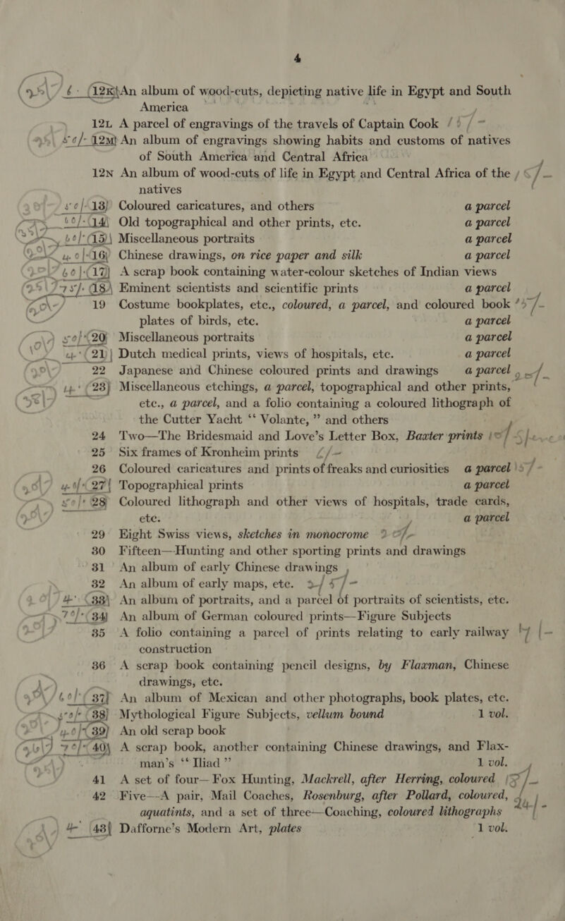 ( 935) 6+ (A2RipAn album of wood- cuts, depicting native iife i in Egypt and South America — 12L A parcel of engravings of the travels of Captain Cook / ° / - ‘°¢/- 12m} An album of engravings showing habits and customs of natives of South America and Central Africa , 12n An album of wood-cuts of life in Egypt and Central Africa of the / ' / = natives _ yo|-18}) Coloured caricatures, and others a parcel ~__%°/:\14 Old topographical and other prints, ete. a parcel 2—~, »¢l'5\ Miscellaneous portraits a parcel aa VG uw. 0 AG) Chinese drawings, on rice paper and silk a parcel LoL , of ey) A scrap book containing water-colour sketches of Indian views 9 a7 i 75}: 3) Eminent scientists and scientific prints a parcel ~ 19 Costume bookplates, ete., coloured, a parcel, and coloured book * A ah =. plates of birds, ete. a parcel _\) se} 20 Miscellaneous portraits a parcel ya ‘eb ‘(21)| Dutch medical prints, views of hospitals, etc. a parcel .\- = 22s Japanese and Chinese coloured prints and drawings a parcel , =f - -——~ t+ (23) Miscellaneous etchings, a parcel, topographical and other prints, Phas ete., a parcel, and a folio containing a coloured lithograph of | the Cutter Yacht ‘‘ Volante, ’? and others 24 'Two—The Bridesmaid and Love’s Letter Box, Baater prints | © - [ 25 Six frames of Kronheim prints ({/~ 26 Coloured caricatures and prints of freaks and curiosities @ parcel '» ] , 17 4 of 27| Topographical prints a parcel “e}* 28 Coloured lithograph and other views of hospitals, trade cards, ete: a parcel 29 Hight Swiss views, sketches in monocrome ® of 30 Fifteen—-Hunting and other sporting prints and drawings ~ 81 An album of early Chinese drawings | 32 An album of early maps, ete. »&amp; s/- / 4° (38) An album of portraits, and a parcel of portraits of scientists, ete. 79) 3dy An album of German coloured prints—Figure Subjects 35 A folio containing a parcel of prints relating to early railway 1) - construction 36 A scrap book containing pencil designs, by Flaxman, Chinese LD 9 drawings, etc. SA / 6 o | 37/ An album of Mexican and other photographs, book plates, etc. ~~ irp (33) Mythological Figure Subjects, vellum bound -1 vol. “4-6/1 39) An old scrap book (a \y\ 4 70] 40\ A scrap book, another containing Chinese drawings, and Flax- : man’s ‘S Iliad ”’ 1 vol. { 41 &lt;A set of four— Fox Hunting, Mackrell, after Herring, coloured Ix ip 42 Five—-A pair, Mail Coaches, Rosenburg, after Pollard, coloured, | aquatints, and a set of three—Coaching, coloured lithographs | 4- 48) Dafforne’s Modern Art, plates 1 vol.
