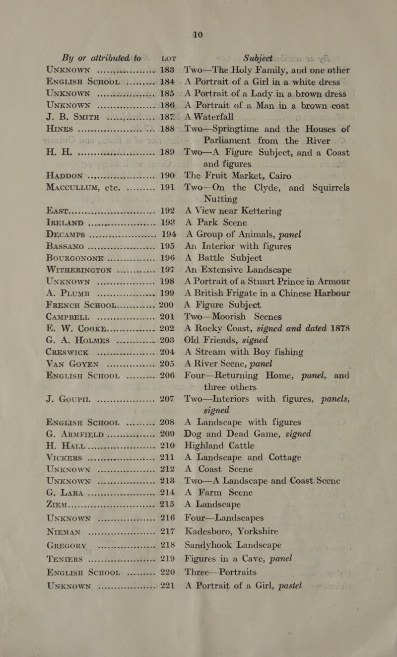 UNKNOWN... ...: {gta i. oe. d0 183 ENGLISH SCHOOL }......06 184 UNKNOWN. .... cidaidsouetaa 185 UNKNOWN ss. -sosseseieseue 186, J. B. Smita .i.. 187 FINES gcvieris dicey eee 188 H. H.. ......etbieinl Bae ithe 189 AEABIDON 1. RIO ee 4 190 MACCULLUM, etc. ......... 191 HOTS 5. Jaks hicks Seated. Set 192 REL ANON | . ec sthivaies Wiad ts 192 DECAMPS 5/0. 800i Ras 194 RASS AIO CD. sb site. d. ee 195 BOURGONONE: 20.0. 000s ee0e2s 196 WITHERINGTON ......0..055 197 TUINKNOWN: Gobics’. akwetol 198 AS PLUM Bias. 25s BE 199 FRENCH SCHOOL...........- 200 Cader ueit.., vavidekes «atvess 201 KE. W. Godk&amp;m. a. 2.4.84 202 G. A. HoumMEs ........0.0 203 Cee VON cd hhc ck 2s 204 Van GOVEN: ..:5......c0ti 205 ENGLISH SCHOOL .......4- 206 UE MESOUIDTE Nitsa cecnbe tet eeeea ee 207 ENGLISH SCHOOL ......... 208 G. ARMFIELD.,....0e8§s &lt;0 209 H. Haut). co. odie Lite 210 NICKS, abana dib.sc hs os 211 TUNING Wea eese «seuss 212 OUONKNOWM }Gidie. eels os 213 Ge (LARA 4 a oe en 214 ZUEM , sos ste eee sas) ee 215 UNKNOWN Bie ci dares is 216 NTEBEAN) | 5 keene sxc eeteease 217 GREGOR 00s bc censne onteotens 218 TENIERS .....dieeises sleeee 219 ENGLISH SCHOOL .....++ 220 UNKNOWN on... dccedscebvii 221 10 Two—The Holy F Sabi: ne one cide A Portrait of a Lady in a. brown dress | A Portrait of a Man in a bei coat Parliament from. the . River Two—A Figure Subject, and a meee and figures The Fruit Market, Cairo Two—On the Clyde, and Squirrels Nutting A View near Kettering A Park Scene A Group of Animals, panel An Interior with figures A Battle Subject An Extensive Landscape A Portrait of a Stuart Prince in Armour A British Frigate in a Chinese Harbour A Figure Subject Two—Moorish Scenes A Rocky Coast, signed and dated 1878 Old Friends, signed A Stream with Boy fishing A River Scene, panel Four—Returning Home, panel, and three others Two—Interiors with figures, panels, signed A Landscape with figures Dog and Dead Game, signed Highland Cattle A Landscape and Cottage A Coast Scene Two—A Landscape and Coast Scene A Farm Scene A Landscape Four—Landscapes Kadesboro, Yorkshire Sandyhook Landscape  Figures in a Cave, panel Three—Portraits | A. Portrait of a Girl, pastel