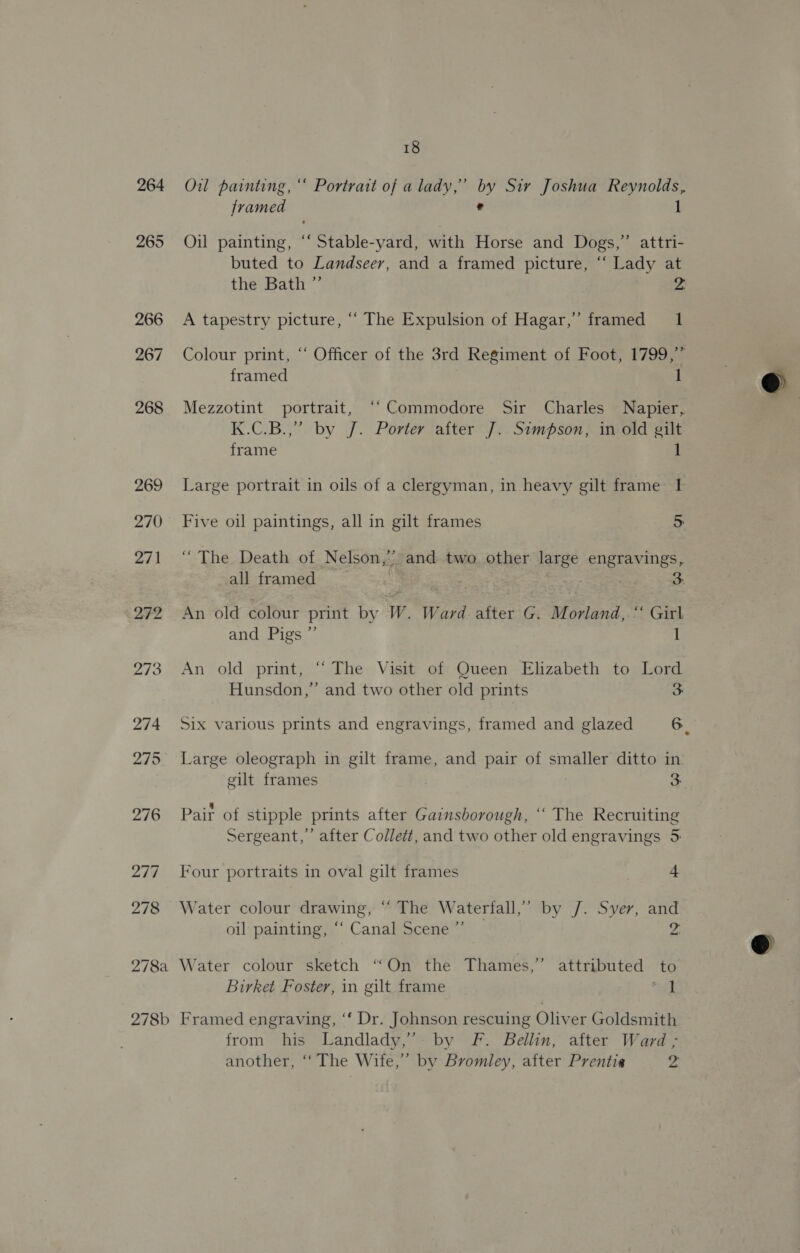 264 O2l painting, ‘* Portrait of a lady,’ by Sir Joshua Reynolds, framed e 1 265 Oil painting, “‘ Stable-yard, with Horse and Dogs,” attri- buted to Landseer, and a framed picture, “ Lady at the Bath ”’ 2 266 A tapestry picture, “‘ The Expulsion of Hagar,’ framed 1 267 Colour print, ‘‘ Officer of the 3rd Regiment of Foot, 1799,” framed 1 @ 268 Mezzotint portrait, ‘“‘Commodore Sir Charles Napier, K.C.B.,” by J. Porter after J. Simpson, in old gilt frame 1  269 Large portrait in oils of a clergyman, in heavy gilt frame 1 270 Five oil paintings, all in gilt frames 5 2/1 Lhe Death..of Nelson, A and two other large engravings, _all framed 3: 272 An old colour print by W. Ward. after G. Morland, “ Girl and Pigs ”’ 1 273 An old print, “ The Visit of Queen Elizabeth to Lord Hunsdon,” and two other old prints 3 274 Six various prints and engravings, framed and glazed 6. 275 Large oleograph in gilt frame, and pair of smaller ditto in eilt frames . 3 276 Pair of stipple prints after Gainsborough, ‘“‘ The Recruiting Sergeant,’ after Collett, and two other old engravings 5: 277 Four portraits in oval gilt frames 4 278 Water colour drawing, “ The Waterfall,’ by J. Syer, and oil painting, “ Canal Scene ” 4 | | @ 278a Water colour sketch “On the Thames,” attributed to Birket Foster, in gilt frame gos 278b Framed engraving, ‘‘ Dr. Johnson rescuing Oliver Goldsmith from his Landlady,”- by F. Bellin, after Ward ; another, ‘“‘ The Wife,’ by Bromley, after Prentie =