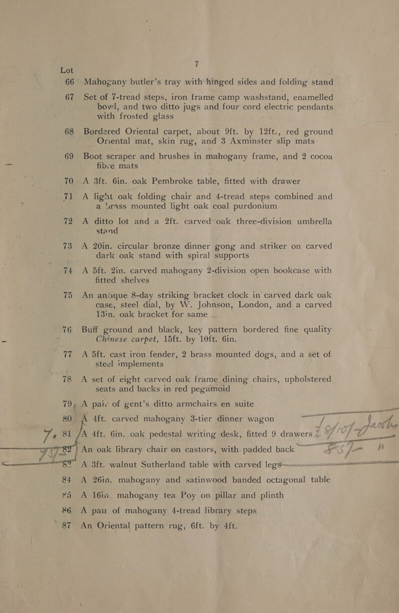 66 67 68 69 70 il 79 73 74 75  7 Mahogany butler’s tray with hinged sides and folding stand Set of 7-tread steps, iron frame camp washstand, enamelled bowl, and two ditto jugs and four cord electric pendants with frosted glass Bordered Oriental carpet, about 9ft. by 12ft., red ground Oriental mat, skin rug, and 3 Axminster slip mats Boot scraper and brushes in mahogany frame, and 2 cocoa fibre mats A 3ft. 6in. oak Pembroke table, fitted with drawer A light oak folding chair and 4-tread steps combined and a “rass mounted light oak coal purdonium A ditto lot and a 2ft. carved’ oak three-division umbrella stand A 20in. circular bronze dinner gong and striker on carved dark oak stand with spiral supports A 5ft. 2in. carved mahogany 2-division open bookcase with fitted shelves An antique 8-day striking bracket clock in carved dark oak case, steel dial, by W. Johnson, London, and a carved 13in. oak bracket for same Buff ground and black, key pattern bordered fine quality Chinese carpet, 1dft. by 10ft. 6in. A 5ft. cast iron fender, 2 brass mounted dogs, and a set of steel implements A set of eight carved oak frame dining chairs, upholstered seats and backs in red pegamoid 4ft. carved mahogany 3-tier dinner wagon A 3ft. walnut Sutherland table with carved legs-~ A 26in. mahogany and satinwood banded octagonal table A 16ia%. mahogany tea Poy on pillar and plinth An Oriental pattern rug, 6ft. by 4ft.