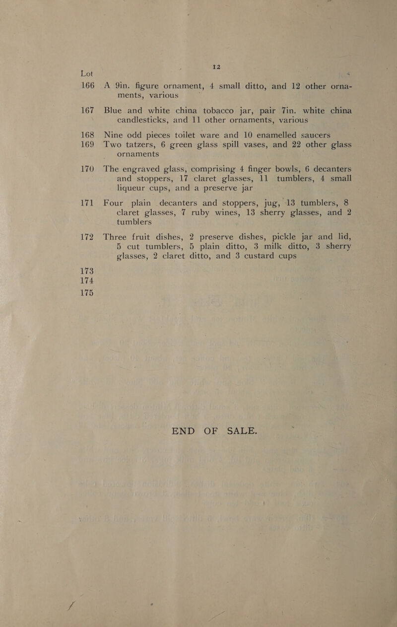 166 167 168 169 170 171 172 173 174 175 12 A 9in. figure ornament, 4 small ditto, and 12 other orna- ments, various Blue and white china tobacco jar, pair Tin. white china candlesticks, and 11 other ornaments, various Nine odd pieces toilet ware and 10 enamelled saucers Two tatzers, 6 green glass spill vases, and 22 other glass ornaments The engraved glass, comprising 4 finger bowls, 6 decanters and stoppers, 17 claret glasses, 11 tumblers, 4 small liqueur cups, and a preserve jar Four plain decanters and stoppers, jug, 13 tumblers, 8 claret glasses, 7 ruby wines, 13 sherry glasses, and 2 tumblers Three fruit dishes, 2 preserve dishes, pickle jar and lid, 5 cut tumblers, 5 plain ditto, 3 milk ditto, 3 sherry glasses, 2 claret ditto, and 3 custard cups END OF SALE.
