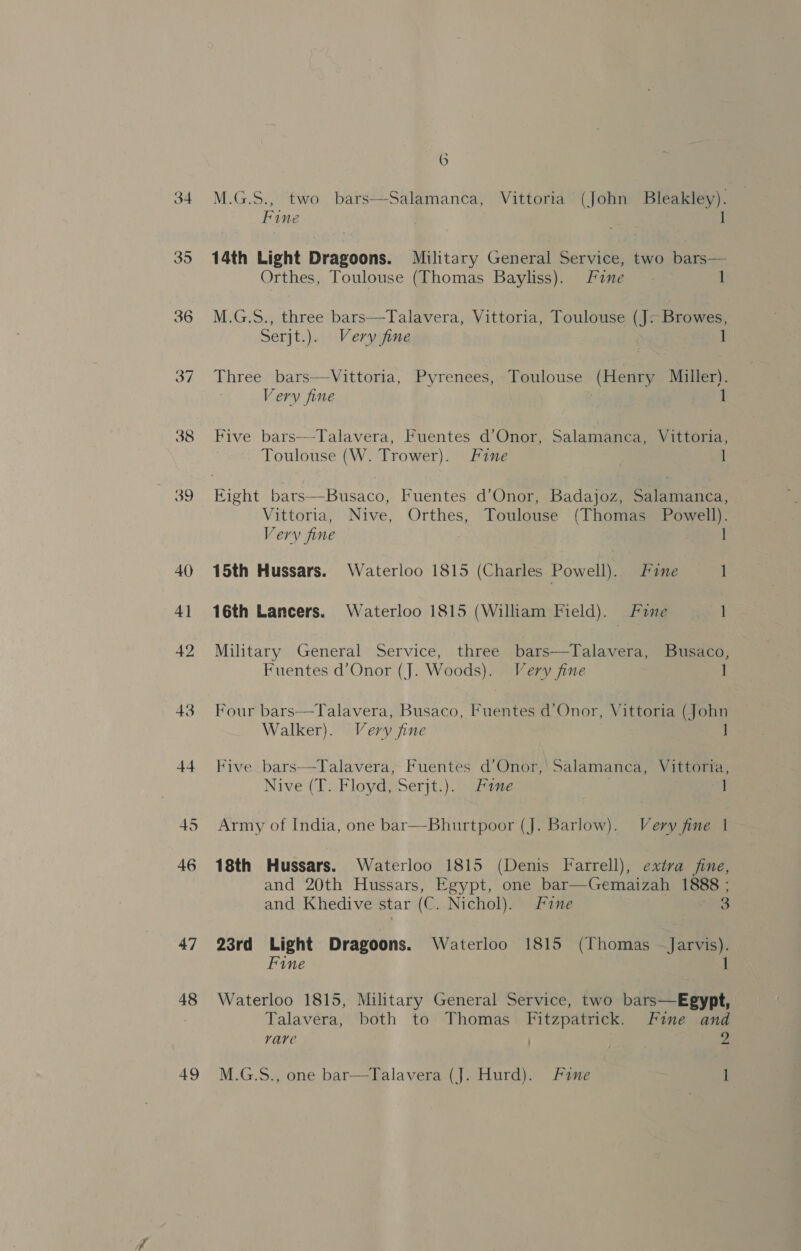 37 38 mabe) 40 4] 42 43 44 45 46 47 48 6 M.G.S., two bars-—-Salamanca, Vittoria (John Bleakley). Fine 1 14th Light Dragoons. Military General Service, two bars— Orthes, Toulouse (Thomas Bayliss). Fine 1 M.G.S., three bars—Talavera, Vittoria, Toulouse (J: Browes, Serj te). “Vierpifineg 1 Three bars—vVittoria, Pyrenees, Toulouse (Henry Miller). Very fine . 1 Five bars—-Talavera, Fuentes d’Onor, Salamanca, Vittoria, Toulouse (W. Trower). Fine 1 Vittoria, Nive, Orthes, Toulouse (Thomas Powell). Very fine I 15th Hussars. Waterloo 1815 (Charles Powell). Fine 1 16th Lancers. Waterloo 1815 (William Field). Fine 1  Military General Service, three bars—Talavera, Busaco, Fuentes d’Onor (J. Woods). Very fine | Four bars—Talavera, Busaco, Fuentes d’Onor, Vittoria (John Walker). Very fine 1 Five bars—-Talavera, Fuentes d’Onor,' Salamanca, Vittoria, Nive (T. Floyd, Serjt.). Fine | Army of India, one bar—Bhurtpoor (J. Barlow). Very fine 1 18th Hussars. Waterloo 1815 (Denis Farrell), extra fine, and 20th Hussars, Egypt, one bar—Gemaizah 1888 ; and Khedive star (C. Nichol). S7ne on 23rd Light Dragoons. Waterloo 1815 (Thomas - Jarvis). Fine 1 Waterloo 1815, Military General Service, two bars—Egypt, Talavera, both to Thomas Fitzpatrick. Fine and rave | 2