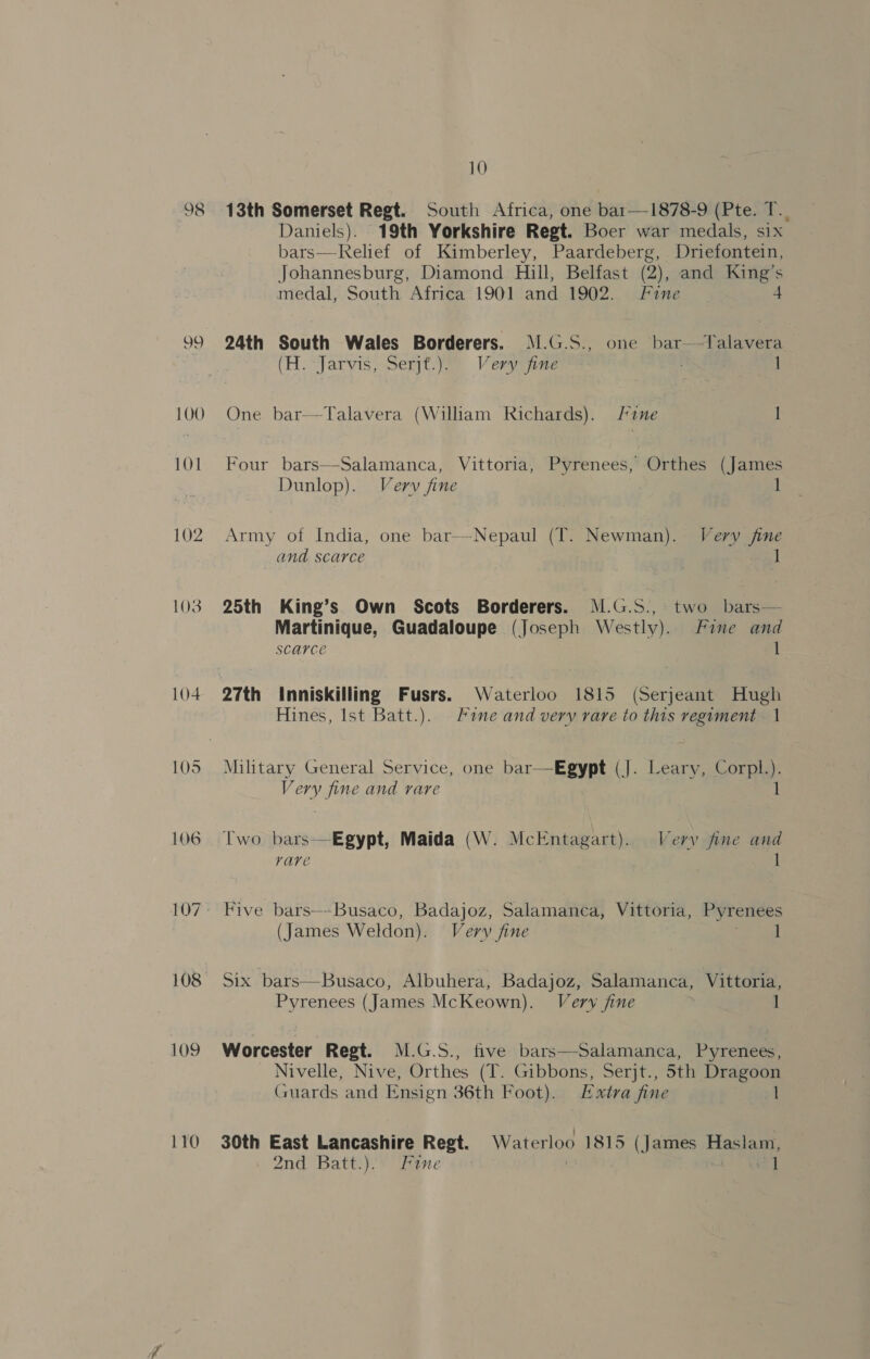 98 99 100 101 102 103 104 105 106 109 110 10 13th Somerset Regt. South Africa, one bar—1878-9 (Pte. T.. Daniels). (19th Yorkshire Regt. Boer war medals, six bars—Relief of Kimberley, Paardeberg, Driefontein, Johannesburg, Diamond Hill, Belfast (2), and King’s medal, South Africa 1901 and 1902. Fine 4 24th South Wales Borderers. \M.G.S., one bar—Talavera (He “Jarvis, Serjt.ye, Verviers I One bar—Talavera (William Richards). line I Four bars—Salamanca, Vittoria, Pyrenees, Orthes (James Dunlop). Verv fine 1 Army of India, one bar—-Nepaul (T. Newman). Very fine and scarce i 25th King’s Own Scots Borderers. M.G.S., two bars— Martinique, Guadaloupe (Joseph Westly). Fine and scarce 1 27th Inniskilling Fusrs. Waterloo 1815 (Serjeant Hugh Hines, Ist Batt.). Fane and very rare to this regiment — 1 Military General Service, one bar—Egypt (J. Leary, Corpl.). Very fine and rare 1 Two bars—Egypt, Maida (W. Mck Shes tbh Very fine and vare l Five bars—-Busaco, Badajoz, Salamanca, Vittoria, Pyrenees (James Weldon). Very fine 1 Six bars—Busaco, Albuhera, Badajoz, Salamanca, Vittoria, Pyrenees (James McKeown). Very fine 1 Worcester Regt. M.G.S., five bars—Salamanca, Pyrenees, Nivelle, Nive, Orthes (T. Gibbons, Serjt., 5th Dragoon Guards and Ensign 36th Foot). Extra fine I 30th East Lancashire Regt. Waterloo 1815 (James Haslam, 2nd ‘Batt.).) Aime ii: ) ae |
