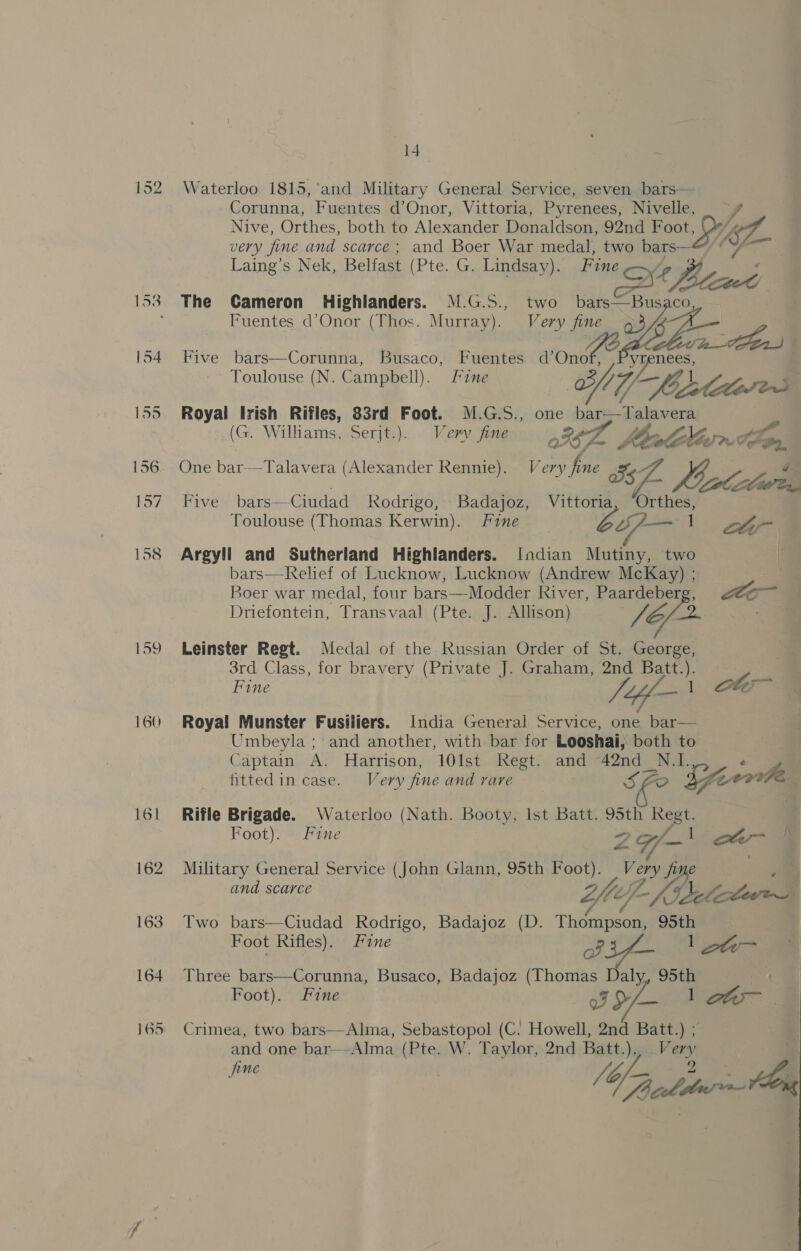 152 159 160 14 Waterloo 1815, ‘and Military General Service, seven bars— Corunna, Fuentes d’Onor, Vittoria, Pyrenees, Nivelle, ~ d, Nive, Orthes, both to Alexander Donaldson, 92nd Foot, ; very fine and scarce; and Boer War medal, two bars—@ Laing’s Nek, Belfast (Pte. G. Lindsay). Fine /e en Five bars—Corunna, Busaco, Fuentes d’Onof, vrenees, Toulouse (N. Campbell). Lane Mg 2 3 4 ‘ Royal Irish Rifles, 83rd Foot. M.G.S., one bar—Talavera (G. Williams, Serjt.). Very fine aL as ater at One bar—Talavera (Alexander Rennie). Very 5s ae) de Five bars—Ciudad Rodrigo, Badajoz, Vittoria Ortves, Toulouse (Thomas Kerwin). Fine | L/— | aa Argyll and Sutherland Highlanders. Indian Mutiny, two bars—Relief of Lucknow, Lucknow (Andrew McKay) ; Boer war medal, four bars—Modder River, Paardeberg, me Driefontein, Transvaal (Pte. J. Allison) sae Leinster Regt. Medal of the Russian Order of St. George, 3rd Class, for bravery (Private J. Graham, 2nd Batt.). Fine ts 4 Coat Royal Munster Fusiliers. India General Service, one bar— Umbeyla ; and another, with bar for Looshai, both to Captain A. Harrison, 101lst Regt. and ie ial fittedin case. Very fine and rare Scent | Rifle Brigade. Waterloo (Nath. Booty, Ist Batt. 95th ee Foot). Fine cee * Zz ns Military General Service (John Glann, 95th Foot). oe jine and scarce Lf} / Lf Veleclear ve Two bars—Ciudad Rodrigo, Badajoz (D. Thompson, 95th : Foot Rifles). Fine a l ~t- Three bars—Corunna, Busaco, Badajoz (Thomas Daly, 95th | Foot). Fine IO 1 oe se Crimea, two bars—Alma, Sebastopol (C. Howell, 2nd Batt.) ; and one bar—-Alma (Pte. W. Taylor, 2nd Batt.), Very