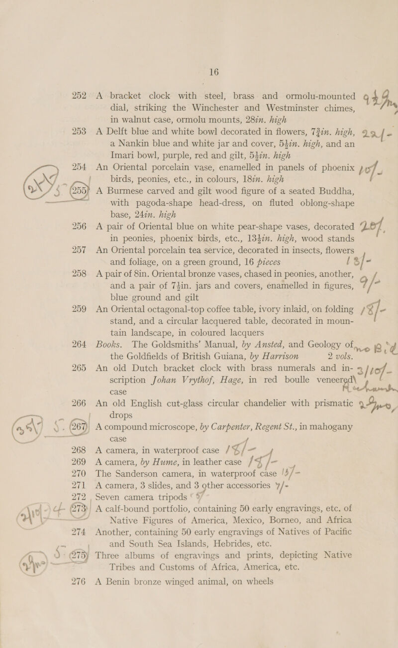 16 252. A bracket clock with steel, brass and ormolu-mounted Y 4 Be dial, striking the Winchester and Westminster chimes, — | in walnut case, ormolu mounts, 287n. high 253 A Delft blue and white bowl decorated in flowers, 727n. high, 2a] = a Nankin blue and white jar and cover, 547n. high, and an | Imari bowl, purple, red and gilt, d542n. high An Oriental porcelain vase, enamelled in panels of phoenix ye] . birds, peonies, etc., in colours, 182. high A Burmese carved and gilt wood figure of a seated Buddha, with pagoda-shape head-dress, on fluted oblong-shape base, 24in. high 256 A pair of Oriental blue on white pear-shape vases, decorated “LOY in peonies, phoenix birds, etc., 1347”. high, wood stands 257 An Oriental porcelain tea service, decorated in insects, flowers and foliage, on a green ground, 16 pzeces 1% / = 258 <A pair of 8in. Oriental bronze vases, chased in peonies, another, and a pair of 7din. jars and covers, enamelled in figures, 9/ ad blue ground and gilt = /%- +  259 An Oriental octagonal-top coffee table, ivory inlaid, on folding stand, and a circular lacquered table, decorated in moun- tain landscape, in coloured lacquers 264 Books. The Goldsmiths’ Manual, by Ansted, and Geology Of iQ ‘2 the Goldfields of British Guiana, by Harrison 2 vols. 265 An old Dutch bracket clock with brass numerals and “ / Lo} - scription Johan Vrythof, Hage, in red boulle veneered pace A eter, 266 An old English cut-glass circular chandelier with prismatic Fy, —~ . drops ¢ (a, a\7 is 67) - Acompound microscope, by Carpenter, Regent St., in mahogany ae case 268 A camera, in waterproof case / % 1 2 A 269 Acamera, by Hume, in leather case Jf /—- | 270 The Sanderson camera, in waterproof case / $7 = 271 <A camera, 3 slides, and 3 other accessories 7/ - 272 , Seven camera tripods ‘ ¥/ | \ ei of 07: 2] A calf-bound portfolio, containing 50 early engravings, etc. of Te eae nace! Native Figures of America, Mexico, Borneo, and Africa 274 Another, containing 50 early engravings of Natives of Pacific pe NG and South Sea Islands, Hebrides, etc. “4, 2+ @7By Three albums of engravings and prints, depicting Native 4 YP ad Tribes and Customs of Africa, America, etc.