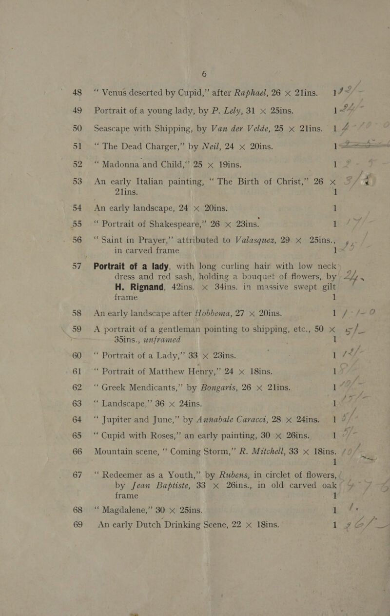 67 68 6 “Venus deserted by Cupid,” after Raphael, 26 x 2lins. sg Portrait of a young lady, by P. Lely, 31 x 25ins. 1 J4 Seascape with Shipping, by Van der Velde, 25 x 2lins. 1 V, “The Dead Charger,” by Neil, 24 x 20ins. jot “ Madonna and Child,””'25 x 19ins. 1 JS # An early Italian painting, ‘‘ The Birth of Christ,” 26 x %/% 2lins. 1 An early landscape, 24 x 20ins. 1 “ Portrait of Shakespeare,” 26 x 23ins. 1 f “Saint in Prayer,” attributed to Valasquez, 29 x 25ins., , , in carved frame bX Portrait of a lady, with long curling hair with low neck’ dress and red sash, holding a bouquet of flowers, by Lyn H. Rignand, 42ins. x 34ins. in massive swept gilt frame An early landscape after Hobbema, 27 x 20ins. 1 /-/-9 A portrait of a gentleman pointing to shipping, etc., 50 XK As 35ins., unframed 1 / “ Portrait of a Lady,” 33 x 23ins. 1 7% “ Portrait of Matthew Henry,” 24 x 18ins. 1a “ Greek Mendicants,” by Bongarts, 26 x 2lins. LM ; ‘““ Landscape,’’ 36 x 24ins. 1 i 5 “ Jupiter and June,” by Annabale Caracci, 28 x 24ins. 1 y/ “Cupid with Roses,” an early painting, 30 x 26ins. 1 > Mountain scene, “‘ Coming Storm,” R. Mitchell, 33 x 18ins.. /¢ S 1 _ ‘“ Redeemer as a Youth,” by Rubens, in circlet of flowers, by Jean Baptiste, 33 x 26ins., in old carved oak frame 1 “ Magdalene,” 30 x 25ins. 1