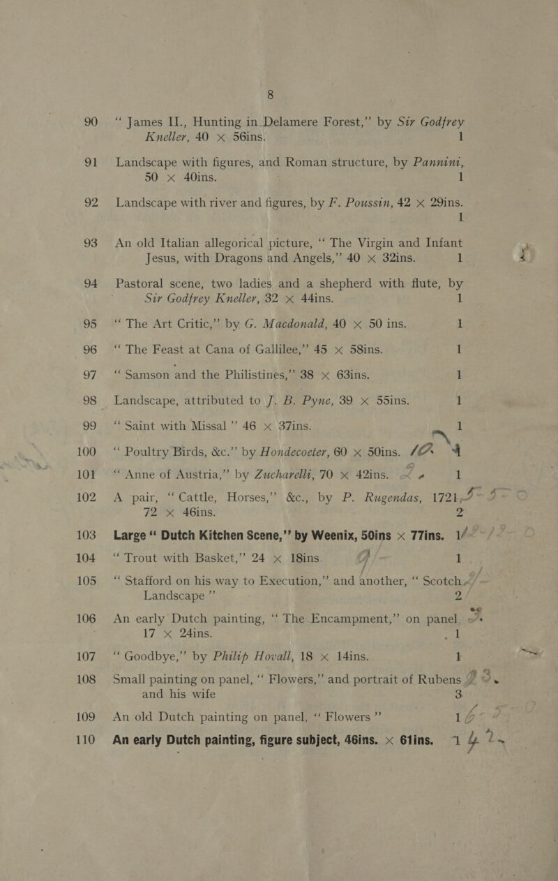 90 “‘ James II., Hunting in Delamere Forest,” by Sir Godfrey Kneller, 40 x 56ins. 1 91 Landscape with figures, and Roman structure, by Pannini, 50 x 40Oins. 1 92 Landscape with river and figures, by F. Poussin, 42 x 29ins. 1 93 An old Italian allegorical picture, ‘‘ The Virgin and Infant Jesus, with Dragons and Angels,” 40 x 32ins. 1 94 Pastoral scene, two ladies and a shepherd with flute, by Sir Godfrey Kneller, 32 x 44ins. 1 95 “ The Art Critic,’ by G. Macdonald, 40 x 50 ins. i 96 ‘ The Feast at Cana of Gallilee,”’ 45 x 58ins. 1 07° se sanison and the Philistines,’’ 38 x 63ins. 1 98 Landscape, attributed to /. B. Pyne, eo OLS: 1 99 “Saint with Missal” 46 x 37ins. 1 100 “ Poultry Birds, &amp;c.”’ by Hondecoeter, 60 5Oins. lA 4 101. “ Anne of Austria,” by Zucharelli, 70 « 42ins. 1 1 102 A ‘pair, ~ Cattle, Horses,” gee by 2. Rugendas, 172k ae 72 x 46ins. 2 103 Large ** Dutch Kitchen Scene,’’ by Weenix, 50ins x 77ins. 14-2 104 “ Trout with Basket,” 24 x 18ins. A : 1 105 “‘ Stafford on his way to Execution,’’ and another, “ Scotch 2’. Landscape ”’ ZA 106 An early Dutch painting, “ The Encampment,”’ on panel, om 17 xX 24ins. pes 107. “‘ Goodbye,” by Philip Hovall, 18 x 14ins. 1 108 Small painting on panel, ‘‘ Flowers,” and portrait of Rubens 04 Oe and his wife 3 / 109 An old Dutch painting on panel, ‘‘ Flowers ”’ 1Q° 110 An early Dutch painting, figure subject, 46ins. x 6lins. 1 y 44