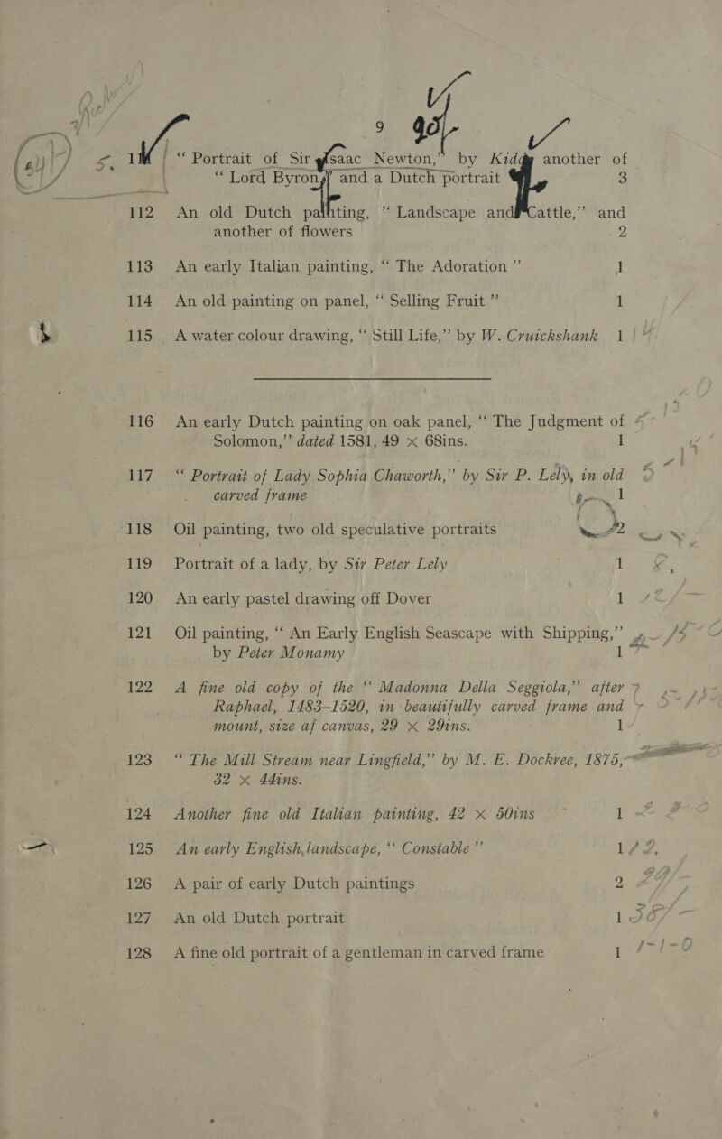 (uy 7 Vio acl 9 4 i) i. Yo aa ho eel “ Portrait of Sir ga saac Newton,” by KAzdg@ another of AL ‘ ; aS a ( - Y, s ) “ Lord Byro 4 and a Dutch pi portrait 3 t 112 An old Dutch paihting, * Landscape an attle,”’ and another of flowers y, 113 An early Italian painting, “ The Adoration ”’ ] 114 An old painting on panel, “ Selling Fruit ”’ 1 \ 115. A water colour drawing, “ Still Life,’ by W. Cruickshank 1 Solomon,” dated 1581, 49 x 68ins. 1 117.“ Portrait of Lady Sophia Chaworth,” by Sir P. Lely, in old carved frame i 1 118 Oil painting, two old speculative portraits a 7 119 Poreeait of a lady, by Sir Peter Lely 1 120 An early pastel drawing off Dover 1 by Peter Monamy 1 Raphael, 1483-1520, in beautifully carved frame es mount, size af canvas, 29 K 29ns. 123 “ The Mill Stream near Lingfield,” by M. E. Dockree, 1875, 32 x 44ins. 124 Another fine old Itahan painting, 42 x d50ins | I &lt;a 125 Anearly English landscape, ‘‘ Constable” EP ts 126 A pair of early Dutch paintings 2 127. An old Dutch portrait 1Jd