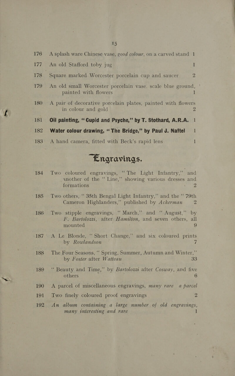 176 184 185 186 187 188 189 190 At 192 15 A splash ware Chinese vase, good colour, on a carved stand 1 An old Stafford toby jug 1 Square marked Worcester porcelain cup and saucer 2 An old small Worcester porcelain vase. scale blue ground, painted with flowers 1 A pair of decorative porcelain plates, painted with flowers in colour and gold i Oil painting, ‘‘ Cupid and Psyche,” by T. Stothard, A.R.A. 1 Water colour drawing, ‘“‘ The Bridge,” by Paul J. Naftel | A hand camera, fitted with Beck’s rapid lens 1 “Engravings. Two coloured engravings, “The Light Infantry,’ and another of the “ Line,” showing various dresses and formations 2 Two others, “ 35th Bengal Light Infantry,” and the “ 79th Cameron Highlanders,” published by Ackerman 2 Two stipple engravings, “ March,” and “ August,” by F. Bartolozzi, after Hamilton, and seven others, all mounted | 9 A Le Blonde, “Short Change,” and six coloured prints by Rowlandson — 7 The Four Seasons, ‘“‘ Spring, Summer, Autumn and Winter,”’ by Foster after Watteau 33 ‘“ Beauty and Time,” by bartolozz after Cosway, and five A parcel of miscellaneous engravings, many rare a parcel Two finely coloured proof engravings 2 An album containing a large number of old engravings, many interesting and rare 