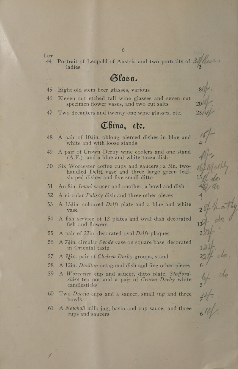 44 45 46 47 48 49 50 oi az, 53 54 55 56 by. 58 Do 60 61 6 ladies Blass. Eight old stem beer glasses, various Eleven cut etched tall wine glasses and seven cut specimen flower vases, and two cut salts Two decanters and twenty-one wine glasses, etc. China, ete, A pair of 103in. oblong pierced dishes in blue and white and with loose stands A pair of Crown Derby wine coolers and one stand (A.F.), and a blue and white tazza dish’ Six Worcester coffee cups and saucers; a 5in. two- handled Delft. vase and three large green leaf- shaped dishes and five small ditto An 8in. Jmari saucer and another, a bowl and dish A circular Palissy dish and three other pieces A 1343in. coloured Delft plate and a blue and white vase A fish service of 12 plates and oval dish decorated fish and flowers A pair of 22in. decorated oval Delft plaques A 74in. circular Spode vase on square base, decorated in Oriental taste A Ajin. pair of Chelsea Derby groups, stand A 12in. Doulton octagonal dish and five other pieces A Worcester cup and saucer, ditto plate, Stafford- shire tea pot and a pair of Crown Derby white candlesticks Two Doccia cups and a saucer, small ing and three bowls A Newhall milk jug, basin and cup saucer and three cups and saucers