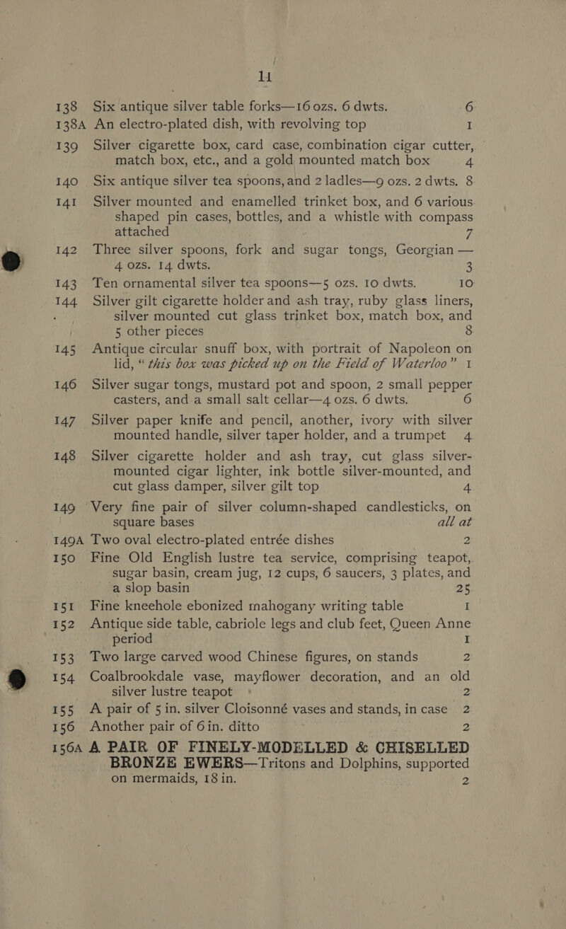 138 138A 139 140 IAI 142 143 T44 145 146 147 148 149 I49A 150 151 152 153 154 155 156 / li Six antique silver table forks—16 ozs. 6 dwts. 6 An electro-plated dish, with revolving top I Silver cigarette box, card case, combination cigar cutter, © match box, etc., and a gold mounted match box 4 Six antique silver tea spoons, and 2 ladles—g ozs. 2 dwts. 8 Silver mounted and enamelled trinket box, and 6 various shaped pin cases, bottles, and a whistle with compass attached : ri Three silver spoons, fork and sugar tongs, Georgian — 4 0zs. 14 dwts. 3 Ten ornamental silver tea spoons—5 ozs. 10 dwts. 10 Silver gilt cigarette holder and ash tray, ruby glass liners, silver mounted cut glass trinket box, match box, and 5 other pieces 3 Antique circular snuff box, with portrait of Napoleon on lid, “ thzs box was picked up on the Field of Waterloo” 1 Silver sugar tongs, mustard pot and spoon, 2 small pepper casters, and.a small salt cellar—a ozs. 6 dwts. 6 Silver paper knife and pencil, another, ivory with silver mounted handle, silver taper holder, and atrumpet 4 Silver cigarette holder and ash tray, cut glass silver- mounted cigar lighter, ink bottle silver-mounted, and cut glass damper, silver gilt top 4 Very fine pair of silver column-shaped candlesticks, on square bases all at Two oval electro-plated entrée dishes a Fine Old English lustre tea service, comprising teapot, sugar basin, cream jug, I2 cups, 6 saucers, 3 plates, and a slop basin 25 Fine kneehole ebonized tnahogany writing table I Antique side table, cabriole legs and club feet, Queen Anne period I Two large carved wood Chinese figures, on stands 2 Coalbrookdale vase, mayflower decoration, and an old silver lustre teapot 2 A pair of 5 in. silver Cloisonné vases and stands, incase 2 Another pair of 6in. ditto 2 BRONZE EWERS—trTritons and Dolphins, supported
