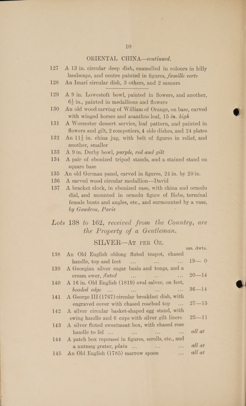 ar ORIENTAL CHINA—continued. A 13 in. circular deep dish, enamelled in colours in hilly landscape, and centre painted in figures, famille verte An Imari circular dish, 3 others, and 2 saucers A 9 in. Lowestoft bowl, painted in flowers, and another, 6% in., painted in medallions and flowers An old wood carving of William of Orange, on base, carved with winged horses and acanthus leaf, 15 in. high A Worcester dessert service, leaf pattern, and painted in flowers and gilt, 2 compotiers, 4 side dishes, and 24 plates An 114 in. china jug, with belt of figures in relief, and another, smaller A 9in. Derby bowl, purple, red and gilt A pair of ebonized tripod stands, and a stained stand on square base An old German panel, carved in figures, 24 in. by 20 in. A earved wood circular medallion—David A bracket clock, in ebonized case, with china and ormolu dial, and mounted in ormolu figure of Hebe, terminal female busts and angles, etc., and surmounted by a vase, by Gaudron, Paris the Property of a Gentleman. SILVER—AT PER Oz. ozs. dwts. An Old English oblong fluted teapot, chased handle, top and feet _.... 19— 0 A Georgian silver sugar basin and sti, ele fi cream ewer, fluted a 2014 A 16 in. Old English (1819) oval a var: on me beaded edge ... 36—14 A George III (1767) eee piennese dish, with engraved cover with chased rosebud top... 27—15 A silver circular basket-shaped egg stand, with swing handle and 6 cups with silver gilt liners 25—11 A silver fluted sweetmeat box, with chased rose handle to lid ... all at A patch box repoussé in en adil etc., ne a nutmeg grater, plain ... Sl ta a An Old English (1785) marrow spoon .. allat  