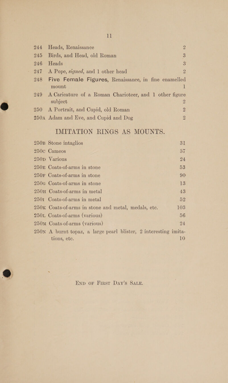 245 Birds, and Head, old Roman 3 246 Heads oD 247 <A Pope, signed, and 1 other head 2 248 Five Female Figures, Renaissance, in fine enamelled mount 1 249 <A Caricature of a Roman Charioteer, and 1 other figure subject 2 250 <A Portrait, and Cupid, old Roman 2 250A Adam and Eve, and Cupid and Dog 2 IMITATION RINGS AS MOUNTS. 250B Stone intaglios 3k 250c Cameos aT 250D Various 24 250E£ Coats-of-arms in stone 5) 250F Coats-of-arms in stone 90 250G Coats-of-arms in stone 13 250H Coats-of-arms in metal 43 2501 Coats-of-arms in metal Oe 250K Coats-of-arms in stone and metal, medals, ete. 103 250L Coats-of-arms (various) 56 250m Coats-of-arms (various) 24 250n A burnt topaz, a large pearl blister, 2 interesting imita- 11 tions, ete. 10 ENp oF First Day’s SALE.