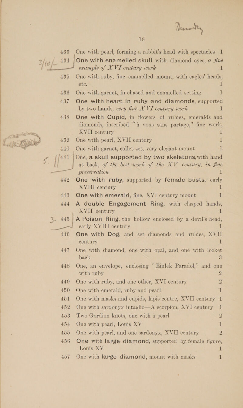   a i a i i es 3 - es o wv s F 4 = Poe Ei Pag ¢ e if <i  18 433 One with pearl, forming a rabbit’s head with spectacles 1 434 /One with enamelled skull with diamond eyes, a jine pL example of XVI century work 1 435 One with ruby, fine enamelled mount, with eagles’ heads, etc. 1 436 One with garnet, in chased and enamelled setting 1 437 One with heart in ruby and diamonds, supported by two hands, very fine _X VI century work if 438 One with Cupid, in flowers of rubies, emeralds and diamonds, inscribed “&amp; vous sans partage,” fine work, XVII century il 439 One with pearl, XVII century 1 440 One with garnet, collet set, very elegant mount 1 | S at back, of the best work of the XV century, in fine ae preservation 1 442 One with ruby, supported by female busts, early XVIII century | 1 443 One with emerald, fine, XVI century mount 1 444 A double Engagement Ring, with clasped hands, , AXVIT century i 2. 445 | A Poison Ring, the hollow enclosed by a devil’s head, : ey} early XVIII century 1 446 One with Dog, and set diamonds and rubies, XVII century i 447 One with diamond, one with opal, and one with locket back 3 . 66 . 448 One, an envelope, enclosing ~ Hinlek Paradol,” and one with ruby 449 One with ruby, and one other, X VI century 450 One with emerald, ruby and pearl 451 One with masks and cupids, lapis centre, X VII century 2 2 i 1 452 One with sardonyx intaglio—A scorpion, XVI century 1 453 Two Gordion knots, one with a pearl 2 454 One with pearl, Louis XV | 455 One with pearl, and one sardonyx, X VII century 2 e, 456 One with large diamond, supported by female figur Louis XV 1 457 One with large diamond, mount with masks 1