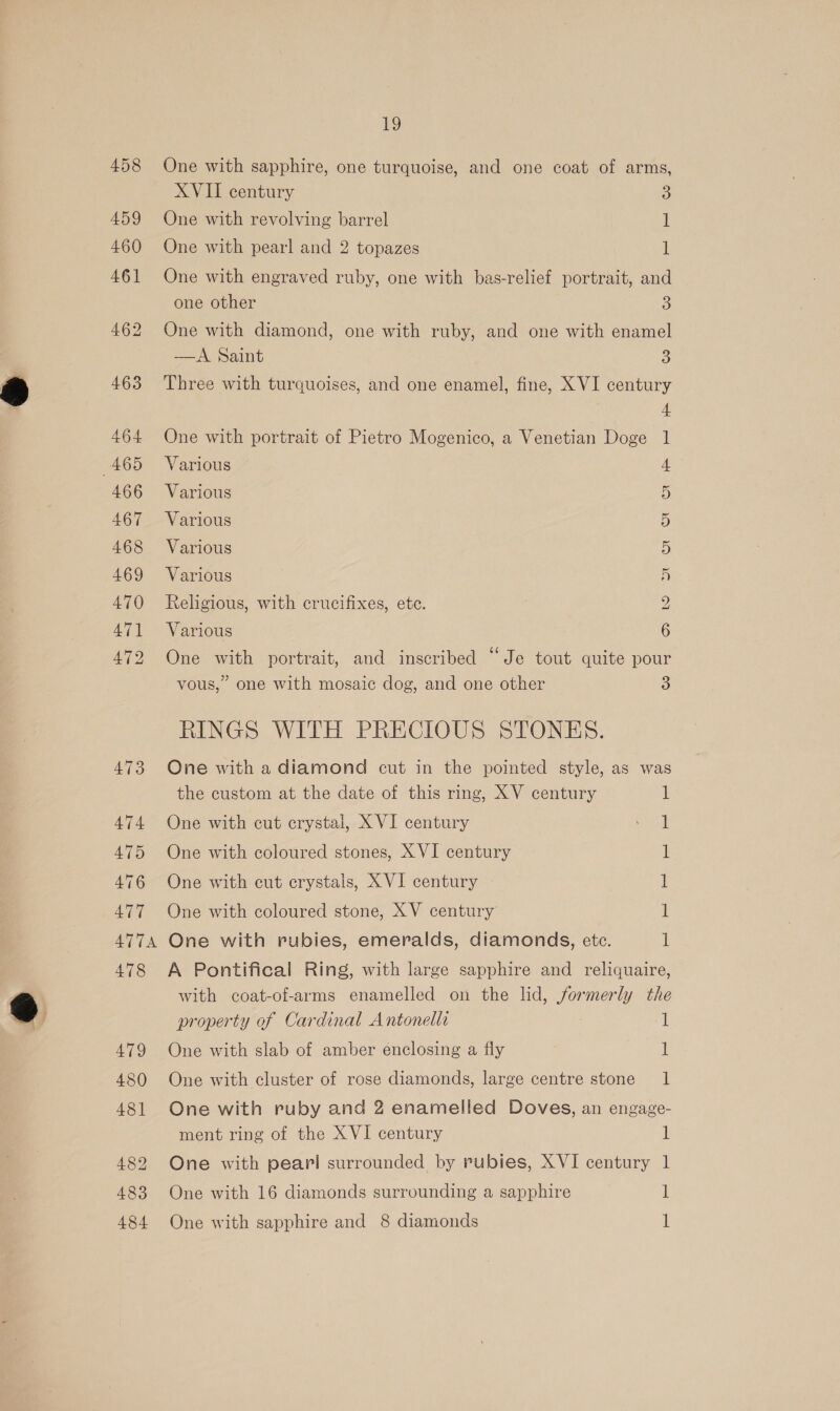 482 483 19 One with sapphire, one turquoise, and one coat of arms, XVII century 3 One with revolving barrel 1 One with pearl and 2 topazes 1 One with engraved ruby, one with bas-relief portrait, and one other 3 One with diamond, one with ruby, and one with enamel =A paint 3 Three with turquoises, and one enamel, fine, XVI century 4 One with portrait of Pietro Mogenico, a Venetian Doge 1 Various 4 Various 5 Various S Various 5 Various D Religious, with crucifixes, ete. 2 Various ° e . ° 66 ° One with portrait, and inscribed ~ Je tout quite pour vous,” one with mosaic dog, and one other 3 RINGS WITH PRECIOUS STONES. One with a diamond cut in the pointed style, as was the custom at the date of this ring, XV century One with cut crystai, X VI century 1 1 One with coloured stones, X VI century 1 One with cut crystals, X VI century 1 One with coloured stone, XV century il One with rubies, emeralds, diamonds, etc. 1 A Pontifical Ring, with large sapphire and reliquaire, with coat-of-arms enamelled on the lid, formerly the property of Cardinal Antonelli 1 One with slab of amber enclosing a fly 1 One with cluster of rose diamonds, large centre stone 1 One with ruby and 2 enamelled Doves, an engage- ment ring of the XVI century 1 One with pearl surrounded by rubies, XVI century 1 One with 16 diamonds surrounding a sapphire 1