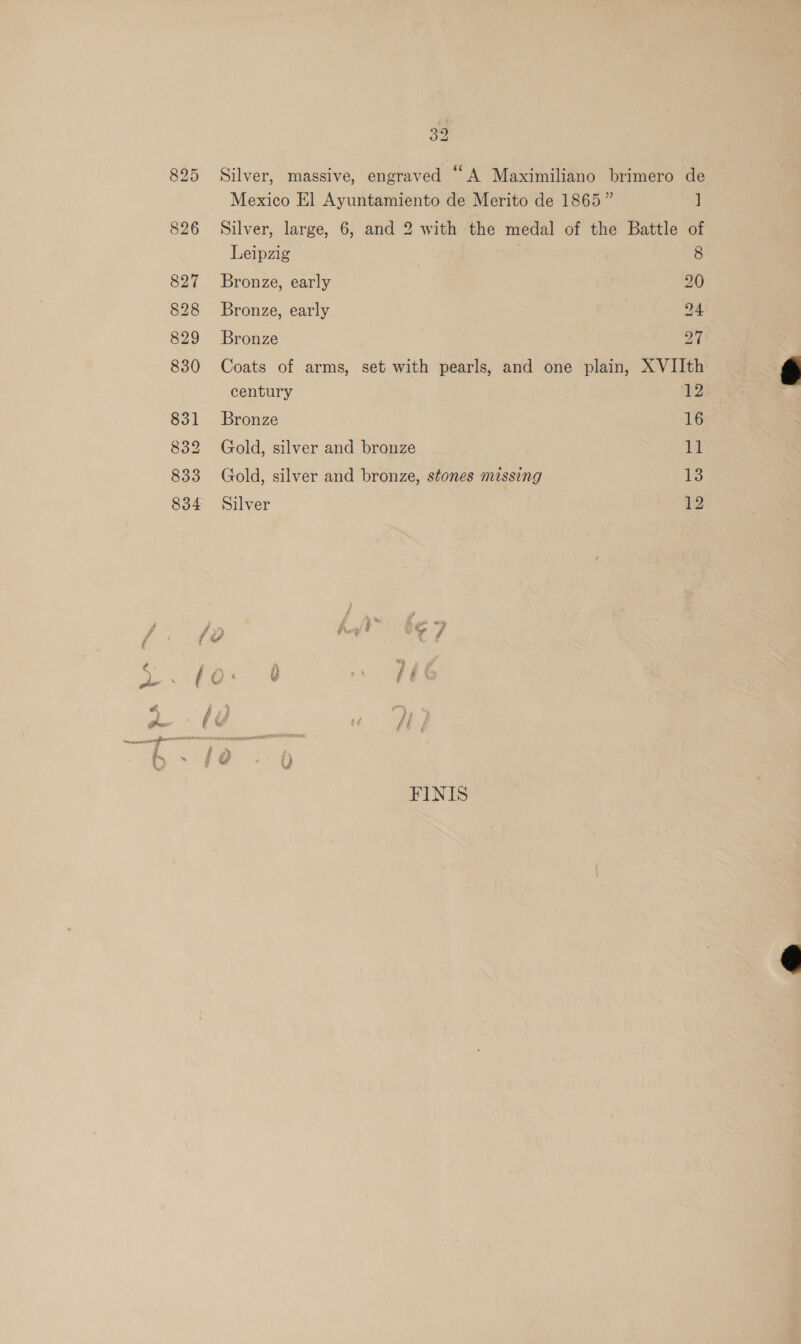 825 Silver, massive, engraved “A Maximiliano brimero de Mexico El Ayuntamiento de Merito de 1865” ] 826 Silver, large, 6, and 2 with the medal of the Battle of Leipzig . 8 827 Bronze, early 20 828 Bronze, early 24 829 Bronze | 27 830 Coats of arms, set with pearls, and one plain, XVIIth century 12 831 Bronze 16 832 Gold, silver and bronze 14 833 Gold, silver and bronze, stones missing 13 834 Silver 12 {2 Y / me Q a FINIS