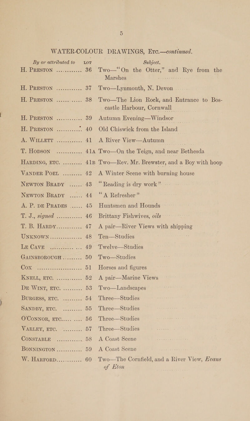 By or attributed to LoT PP RESTON © Jocsycnec cet 36 PB MSLON 5 neces cae ss St le RGTON: 26.426). 00. 38 PP RESTON .......¢ 504 39 ME RUSTON: 62.6.2. 00s. 40 ey MUD A les. 4] MeHORSON: ...... 255.5. 4A1A UME DING, BIC:- .. na&lt; 41B VANDER PORE: 21.08 AQ NEWTON BRADY ...... 43 NEWTON Brapy ...... 44 APL DEP RADES ...... 45 8 RG C1 46 Pes SARI oc bees AT WENTINOWIN ©. clo... 25000 48 Cin Ye. 49 GAINSBOROUGH ......... 50 Oa 51 LONG OUCION dN OR ae ave 52 im WENT BIC. ‘.. 5.6.0. ie BURGESS, ETC... ...0.... 54 SONDBYOHTC, ......... DO CONNOR, ETC..... ...: 56 RPSREY, BTC, 2... .; Dy) WONSUMBER, 5 0c.0i...+ 58 BONNINGTON ............ 59 PPEEARPORD...........: 60 Subject. and Rye from the Marshes Savane Sie Two—Lynmouth, N. Devon . Two—The Lion Rock, and Entrance to Bos- castle Harbour, Cornwall _ Autumn Evening—Windsor : Old Chiswick from the Island A River View—Autumn a Two—On the Teign, and near Bethesda T'wo—Rev. Mr. Brewster, and a Boy with hoop A Winter Scene with burning house Reading is dry work” —- “A Refresher ” Huntsmen and Hounds ~~ Brittany Fishwives, ozs A pair—River Views with shipping Ten—Studies Twelve—Studies Two—Studies Horses and figures A pair—Marine Views Two—Landscapes Three—Studies Three—Studies Three—Studies Three—Studies A Coast Scene A Coast Scene Two—The Cornfield, and. a River. View, Hvans of Eton