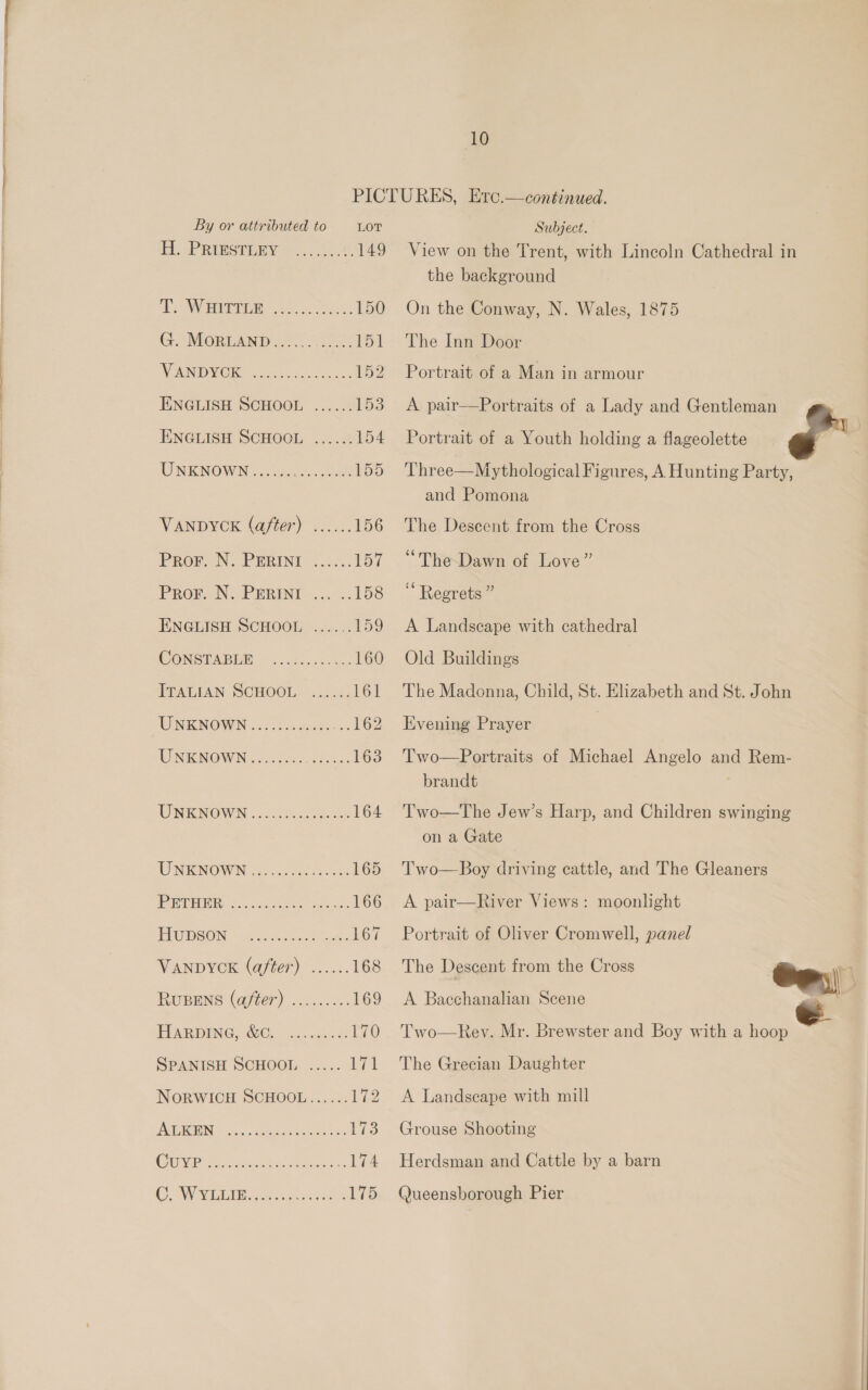  10 By or attributed to LOT HL -PRInSTERY <—...o..% 149 at WN arta 150 GE MORLAND oS. Hoe esl WON OK oe oil coe 152 ENGLISH SCHOOL ...... 153 ENGLISH SCHOOL ...... 154 WNENOWN ccc 1D VANDYCK (after) ...... 156 PROF. N. PERINI <. 2... 157 Prov. N. PERINE..< .. 158 ENGLISH SCHOOL .......159 CONSTABI — .:.25....5 160 ITALIAN SCHOOL. .2).5; 16d UNKNOWN .......2..2. = £62 UNKNOWN ........ ee 163 UNKNOWN 0.05 suas ares 164 UNEINOWN 5. a ees 165 (EIS SH 0 Sian tir eae 166 PUBCON: Goose te 167 VANDYOK (after) ...... 168 RusBeEns (after) ......... 169 PEADUNG, O20) ocasco d: 170 SPANISH SCHOOL ..... i71 NORWICH SCHOOL...... 172 PRIEIOIIN ft. 5 deci ooead eS Lvs CUP ass ee eee ass 174 Subject. View on the Trent, with Lincoln Cathedral in the background On the Conway, N. Wales, 1875 The Inn Door Portrait of a Man in armour A pair—Portraits of a Lady and Gentleman Portrait of a Youth holding a flageolette Three—Mythological Figures, A Hunting Party, and Pomona The Descent from the Cross “The Dawn of Love” “ Regrets ” A Landscape with cathedral Old Buildings The Madonna, Child, St. Elizabeth and St. John Evening Prayer Two—Portraits of Michael Angelo and Rem- brandt Two—The Jew’s Harp, and Children swinging on a Gate Two—Boy driving cattle, and The Gleaners A pair—River Views: moonlight Portrait of Oliver Cromwell, panel A Bacchanalian Scene Two—Rev. Mr. Brewster and Boy with a hoop The Grecian Daughter A Landscape with mill Grouse Shooting Herdsman and Cattle by a barn Queensborough Pier 