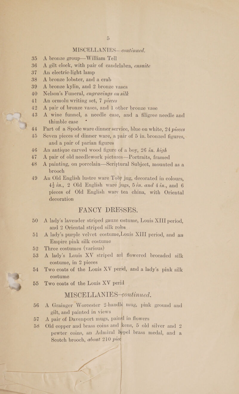 50 51 52 53 54 Y9) 56 57 D8 ~~ o MISCELLANIES— continued. ‘A bronze group— William Tell A gilt clock, with pair of candelabra, ensuzte An electric-light lamp A bronze lobster, and a crab A bronze kylin, and 2 bronze vases Nelson’s Funeral, engravings on silk An ormolu writing set, 7 pieces A pair of bronze vases, and 1 other bronze vase A wine funnel, a needle case, and a filigree needle and thimble case * Part of a Spode ware dinner service, blue on white, 24 pzeces Seven pieces of dinner ware, a pair of 5 in. bronzed figures, and a pair of parian figures An antique carved wood figure of a boy, 26 in. high A pair of old needlework pictures—Portraits, framed A painting, on porcelain—Scriptural Subject, mounted as a brooch An Old English lustre ware Toby jug, decorated in colours, 4$in., 2 Old English ware jugs, 5¢n. and 4in., and 6 pieces of Old English ware tea china, with Oriental decoration FANCY DRESSES. A lady’s lavender striped gauze ostume, Louis XIII period, and 2 Oriental striped silk roles A lady’s purple velvet costume,Louis XIIT period, and an Empire pink silk costume Three costumes (various) A lady’s Louis XV striped arl flowered brocaded silk costume, In 2 pieces Two coats of the Louis XV perid, and a lady’s pink silk costume Two coats of the Louis XV perid MISCELLANIES—continwed. A Grainger Worcester 2-handlé mug, pink ground and gilt, and painted in views | A pair of Davenport mugs, aa in flowers Old copper and brass coins and jkens, 5 old silver and 2 pewter coins, an Admiral Ippel brass medal, and a Scotch brooch, about 210 pred  