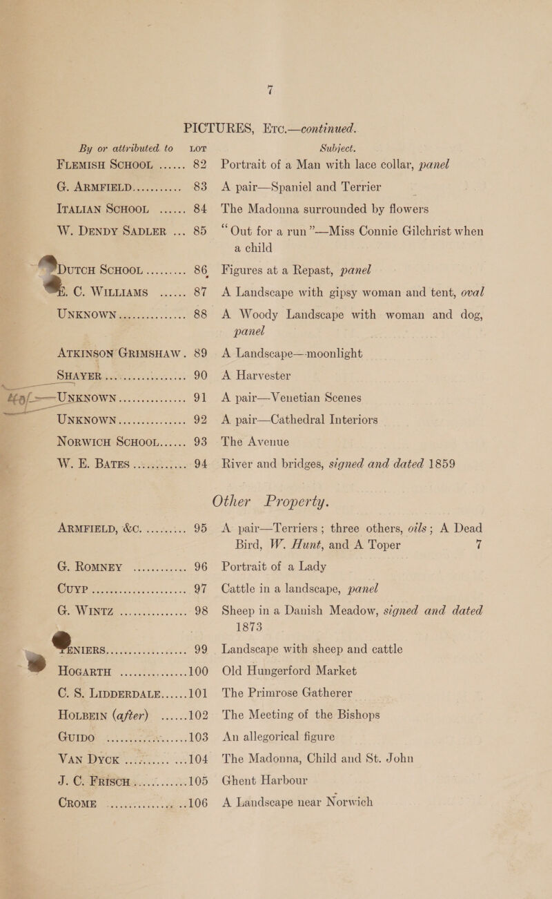 FLEMISH SCHOOL ...... 82 G. ARMFIELD........... 83 ITALIAN SCHOOL ...... 84 W. DENDY SADLER ... 85 . en SCHOOL: ......... 86 Sr, C. WinuiaMS ..... 87 WENENOW Weer jo, 88 cL) AS aoe eee 90 “Hal—Unxxown Byes bits bs 91 Me 3S sC UNKNOWN...........0.. 92 NORWICH SCHOOL...... 93 W.. E. Bares «x32: Vaud ROMNEY .3...2.5.-.. 96 UUM Da ee 97 ia es 98 EIGGARTH ....i 0h 26.02. 100 C. §. LIppERDALE...... 101 HoupEIn (after) ...... 102 Guin: ....,.c%...-. 103 Wan Brex off... 104 J. C. Waste... 2: 105 OROME: ies verti cise 106 Portrait of a Man with lace collar, panel A pair—Spaniel and Terrier The Madonna surrounded by flowers “Out for a run”—Miss Connie Gilchrist when a child Figures at a Repast, panel A Landscape with gipsy woman and tent, oval A Woody Landscape with woman and dog, panel A Landscape—moonlight — A Harvester A pair—Venetian Scenes A pair—Cathedral Interiors The Avenue River and bridges, segned and dated 1859 A pair—Terriers ; three others, oz/s; A Dead Bird, W. Hunt, and A Toper i Portrait of a Lady Cattle in a landscape, panel Sheep in a Danish Meadow, signed and dated 1873 Landscape with sheep and cattle Old Hungerford Market The Primrose Gatherer The Meeting of the Bishops An allegorical figure The Madonna, Child and St. John Ghent Harbour A Landscape near Norwich