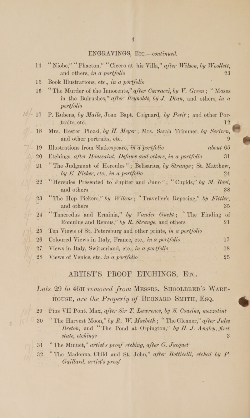 ENGRAVINGS, Erc.—continued. “Niobe,” “ Phaeton,” “Cicero at his Villa,” after Wilson, by Woollett, and others, 7n a portfolio 23 Book Illustrations, ete., 72 a portfolio ‘The Murder of the Innocents,” after Carracct, by V. Green; “ Moses in the Bulrushes,” after’ Heynolds, by J. Dean, and others, in a portfolio P. Rubens, by Maile, Joan Bapt. oad by Petit ; and other Por- traits, ete. 12 Mrs. Hester Piozzi, by H. Maes Mrs. Sarah Trimmer, by Scriven, and other portraits, etc. 9 Illustrations from Shakespeare, 22 a portfolio about 65 pene after Houssaint, Defaux and others, in a portfolio ol “The Judgment of ‘Hercules ” - Belisarius, by Strange; St. Matthew, by E.. Fisher, etc., in a por Dolio | 24 “Hercules Presented to J upiter and Juno”; Guide? ’ by M. Bovt, and others . eee . is B88 “The Hop Pickers,” by Wilson ; “Traveller's Reposing,” by Fittler, and others _ | he 7 35 “Taneredus and Erminia,” by Vander Gucht ; “The Finding of Romulus and Remus,” by R. Strange, and others 21 fen, Views of St. Petersburg and other prints, in a portfolio Coloured Views in Italy, France, etc., 2 @ por tfolto ys Views in Italy, Switzerland, etc., 7m a por tfolio 18 Views of Venice, etc. ina portfolio } : ‘i 2D ARTIST’S PROOF. ETCHINGS, - Ere. 29 30 3] HOUSE, are the Property of BERNARD SmItH, Esa. Pius VII Pont. Max, after Sir T. Lawrence, by S. Cousins, mezzotint — “The Harvest Moon, ” by R. W. Macbeth ; “ The Gleaner,” after Jules Breton, and “The Pond at Orpington, by: Ted. fee jirst state, etchings 3 “The Minuet,” artist’s proof etching, after G. Jacquet “The Madonna, Child and St. John,” after Botticelli, etched by F. Gaillard, artists proof  