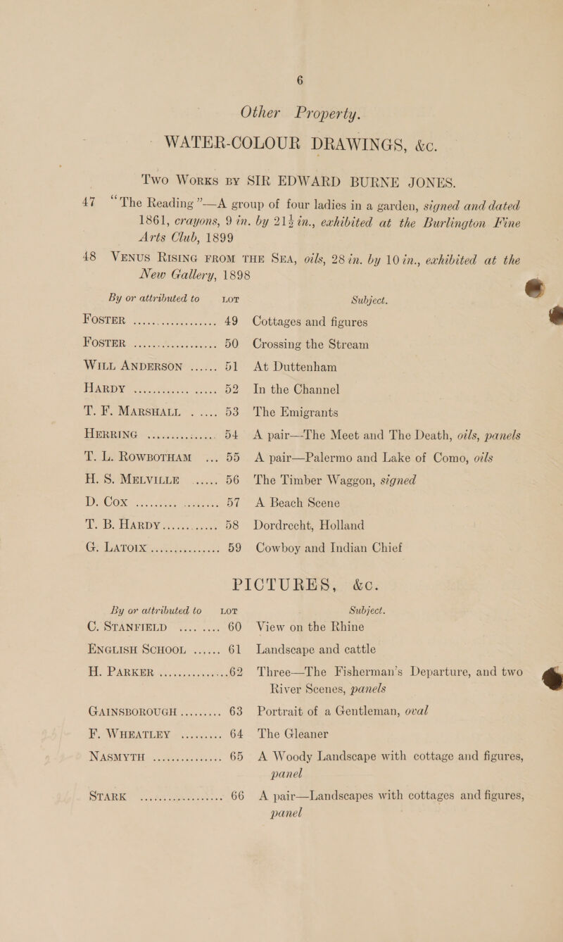 Other Property. Arts Club, 1899 By or attributed to LOT POSTER: 2.2.5 Gamitescsnt 49 FOSINER istry ee eas Sei 50 WILL ANDERSON ...... 51 PURINE Je heen. ale cs 52 dh FOMARSHALL 4.4 53 HERRING -Oivceais. cade. 54 T. L. RowBpoTHam ... 55 Fes MEEVIEDE «Sines 56 DC OS het | eae Ma aecne es 57 BARD: i cont 58 Subject. Cottages and figures Crossing the Stream At Duttenham In the Channel The Emigrants A pair—The Meet and The Death, oz/s, panels A pair—Palermo and Lake of Como, ozls The Timber Waggon, szgned A Beach Scene Dordrecht, Holland Cowboy and Indian Chief By or attributed to LoT COSTANFIELD %... ...: 60 ENGLISH SCHOOL ...... 61 WA PAR KOR. G40k aos 62 GAINSBOROUGH ......... 63 V. WHEATLEY 1.005040. 64. IN ARE Dales a3 le meen Oo « 65 PACK SO eee ere o 66 Subject. View on the Rhine Landscape and cattle Three—The Fisherman’s Departure, and two River Scenes, panels Portrait of a Gentleman, oval The Gleaner A Woody Landscape with cottage and figures, panel A pair—Landscapes with cottages and figures, panel « 2 e