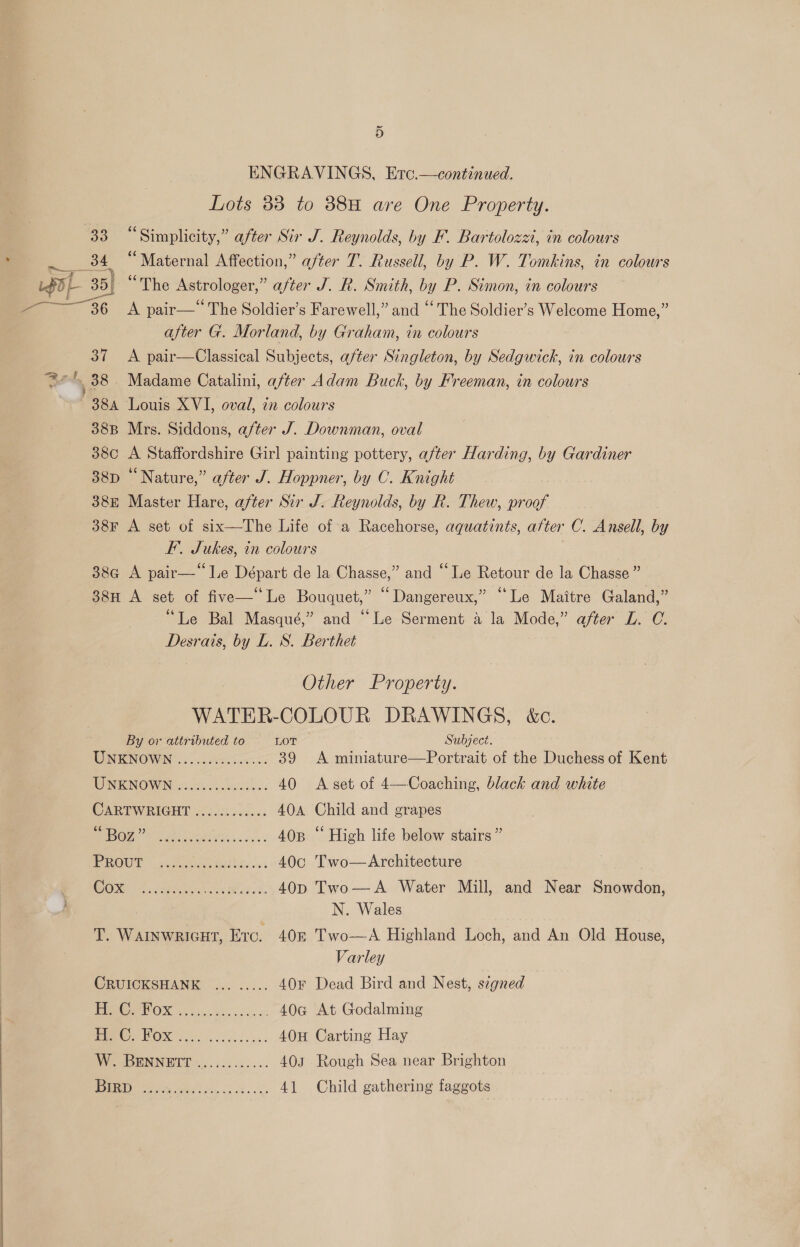  ENGRAVINGS, Eto.—continued. Lots 33 to 88H are One Property. 34 “Maternal Affection,” after T. Russell, by P. W. Tomkins, in colours 36 A pair—* The Soldier’s Farewell,” and “The Soldier’s Welcome Home,” after G. Morland, by Graham, in colours 37 A pair—Classical Subjects, after Singleton, by Sedgwick, in colours 38A Louis XVI, oval, in colours 38B Mrs. Siddons, after J. Downman, oval 38C - Staffordshire Girl painting pottery, after Harding, by Gardiner 38D “Nature,” after J. Hoppner, by C. Knight 38F A set of six—The Life of a Racehorse, aquatints, atter C. Ansell, by F. - ukes, in colours 38c A pair—“ Le Départ de la Chasse,” and “Le Retour de la Chasse ” 38H A set of five—‘Le Bouquet,” “Dangereux,” ‘Le Maitre Galand,” “Le Bal Masqué,” and “Le Serment a la Mode,” after L. C. Desrais, by L. S. Berthet Other Property. WATER-COLOUR DRAWINGS, &amp;c.  By or attributed to LOT Subject. WNENOWN |... deca 0 39 &lt;A miniature—Portrait of the Duchess of Kent WNECNOWIN 23).05 so 36 4s 40 A set of 4—Coaching, black and white CT Lae any a ee 408 “ High life below stairs ” PROUT. ou mictnes Halos os: 40c Two—Architecture COX .......c...c00e.000e. 40D Two—A Water Mill, and Near Snowdon, N. Wales T. Warnwricut, Erc. 40m Two—A Highland Loch, and An Old House, Varley CRUICKSHANK ... ..... 40¥ Dead Bird and Nest, signed POT OX ekki ee. vein os. 40G At Godalming me WOX 0. eos cess. 40H Carting Hay WW. -BDEMNETT«..:::...... 403 Rough Sea near Brighton Pears a oe. oe. ss 41 Child gathering faggots