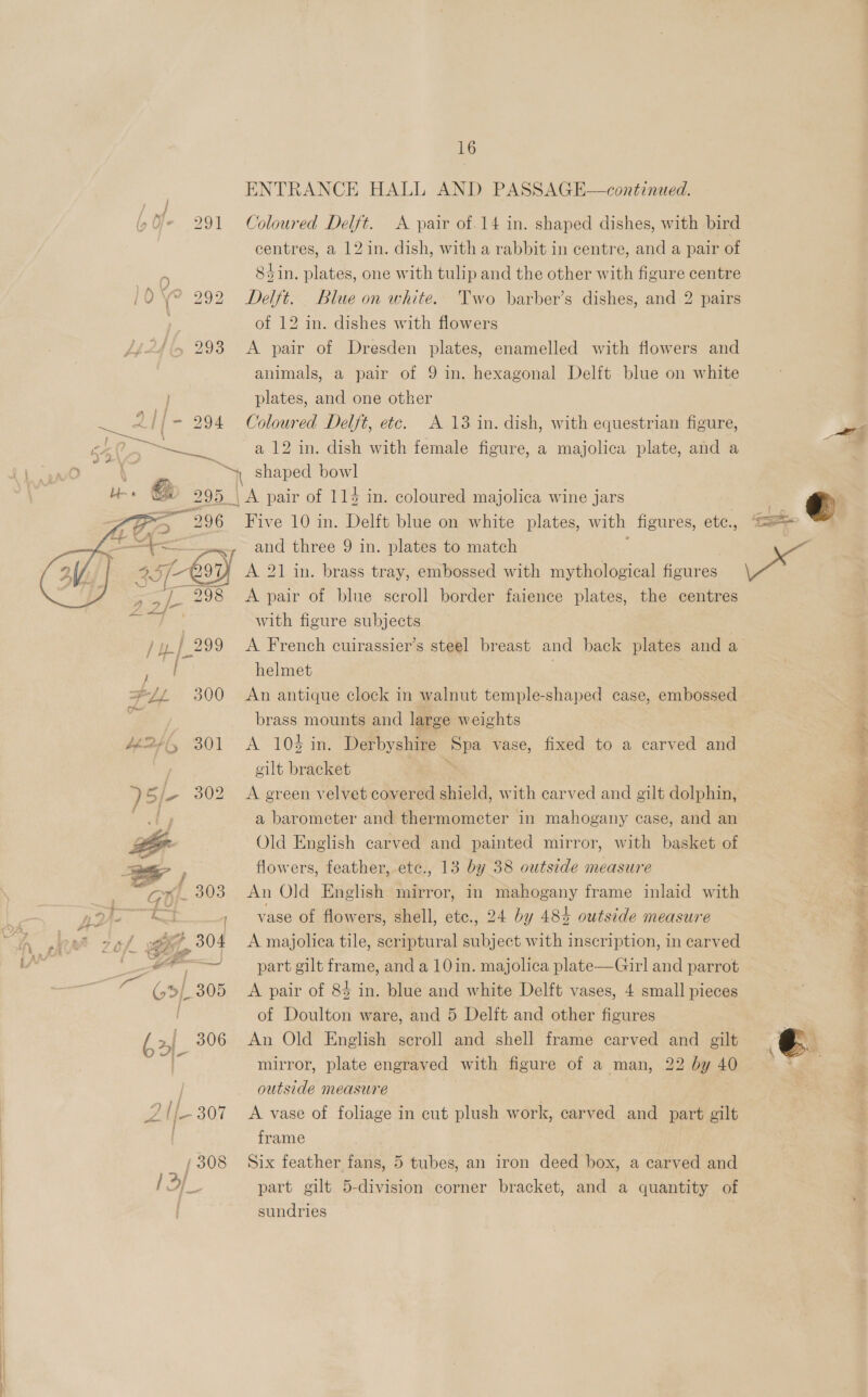 fo 293 me = 294 ~_  16 ENTRANCE HALL AND PASSAGE—continied. Coloured Delft. A pair of.14 in. shaped dishes, with bird centres, a 12 in. dish, with a rabbit in centre, and a pair of 8sin. plates, one with tulip and the other with figure centre Delft. Blue on white. Two barber’s dishes, and 2 pairs of 12 in. dishes with flowers A pair of Dresden plates, enamelled with flowers and animals, a pair of 9 in. hexagonal Delft blue on white plates, and one other Coloured Delft, etc. A 13 in. dish, with equestrian figure, a 12 in. dish with female figure, a majolica plate, and a shaped bowl | A pair of 114 in. coloured majolica wine jars Five 10 in. Delft blue on white plates, with figures, etec., and three 9 in. plates to match A 21 in. brass tray, embossed with mythological figures A pair of blue scroll border faience plates, the centres with figure subjects A French cuirassier’s steel breast and back plates and a helmet | An antique clock in walnut temple-shaped case, embossed brass mounts and large weights A 104 in. Derbyshire Spa vase, fixed to a carved and eilt bracket : : A green velvet covered shield, with carved and gilt dolphin, a barometer and thermometer in mahogany case, and an Old English carved and painted mirror, with basket of flowers, feather, ete., 13 by 38 outside measure An Old English mirror, in mahogany frame inlaid with vase of flowers, shell, etc., 24 by 484 outside measure A majolica tile, scriptural subject with inscription, in carved part gilt frame, and a 10 in. majolica plate—Girl and parrot A pair of 84 in. blue and white Delft vases, 4 small pieces of Doulton ware, and 5 Delft and other figures An Old English scroll and shell frame carved and gilt mirror, plate engraved with figure of a man, 22 by 40 outside measure A vase of foliage in cut plush work, carved and part gilt frame Six feather fans, 5 tubes, an iron deed box, a carved and part gilt 5-division corner bracket, and a quantity of sundries = ¢ re» MI >a att —_o ew Tae at aga. 6 - fit te . e a ie ol Be