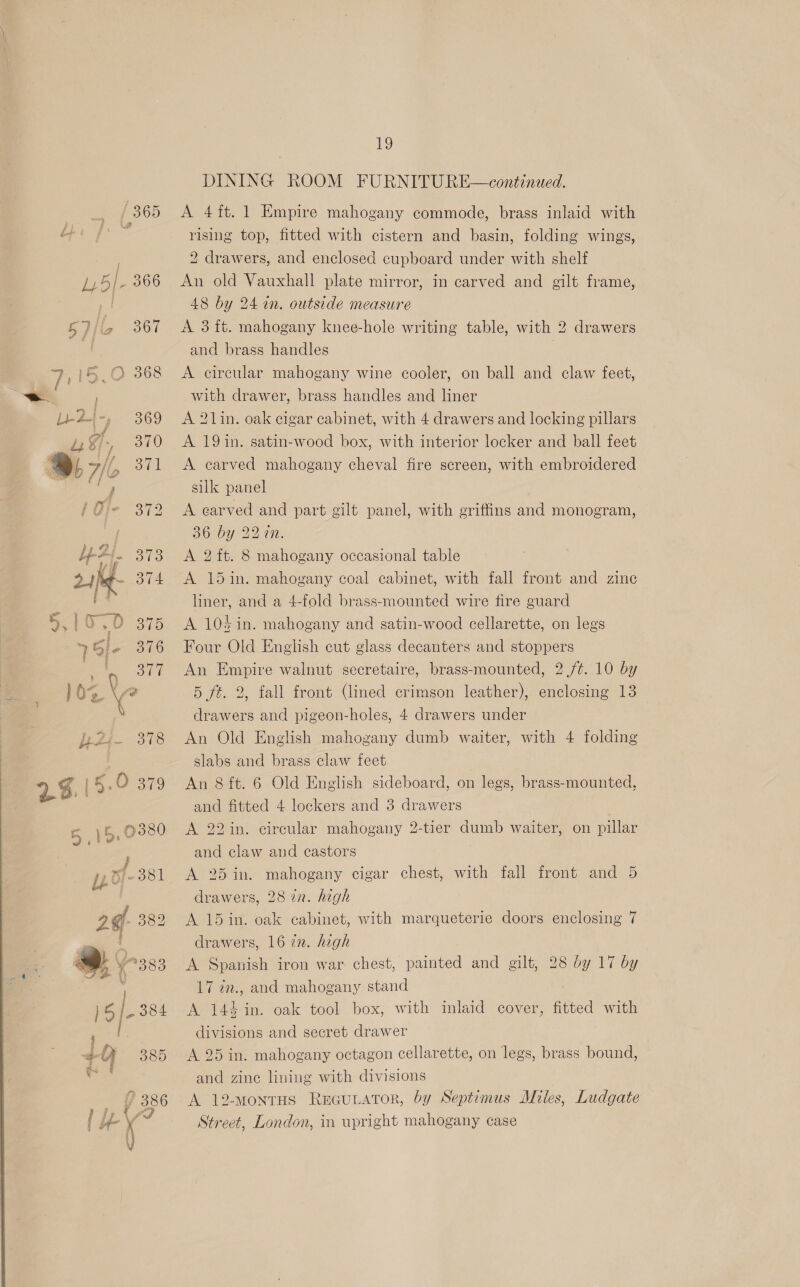 365 1,5|- 366 5 Dito 367 7, 15,0 368 U2} 369 Uy Zj-, 370 B73, 371 Me 372  19 DINING ROOM FURNITURE—continued. A 4ft. 1 Empire mahogany commode, brass inlaid with rising top, fitted with cistern and basin, folding wings, 2 drawers, and enclosed cupboard under with shelf An old Vauxhall plate mirror, in carved and gilt frame, 48 by 24 in. outside measure A 3 ft. mahogany knee-hole writing table, with 2 drawers and brass handles : A circular mahogany wine cooler, on ball and claw feet, with drawer, brass handles and liner A 21in. oak cigar cabinet, with 4 drawers and locking pillars A 19 in. satin-wood box, with interior locker and ball feet A carved mahogany cheval fire screen, with embroidered silk panel A earved and part gilt panel, with griffins and monogram, 36 by 22%. A 2 ft. 8 mahogany occasional table A. 15in. mahogany coal cabinet, with fall front and zine liner, and a 4-fold brass-mounted wire fire guard A 10$in. mahogany and satin-wood cellarette, on legs Four Old English cut glass decanters and stoppers An Empire walnut secretaire, brass-mounted, 2 /¢. 10 by 5 ff. 2, fall front (lined crimson leather), enclosing 13 drawers and pigeon-holes, 4 drawers under An Old English mahogany dumb waiter, with 4 folding slabs and brass claw feet An 8 ft. 6 Old English sideboard, on legs, brass-mounted, and fitted 4 lockers and 3 drawers A 22in. circular mahogany 2-tier dumb waiter, on pillar and claw and castors i A 25 in. mahogany cigar chest, with fall front and 5 drawers, 28 in. high A 15 in. oak cabinet, with marqueterie doors enclosing 7 drawers, 16 zn. high A Spanish iron war. chest, painted and gilt, 28 by 17 by 17 ¢n., and mahogany stand A 144 in. oak tool box, with inlaid cover, fitted with divisions and secret drawer A 25 in. mahogany octagon cellarette, on legs, brass bound, and zine lining with divisions A 12-monrus ReGguiator, by Septimus Miles, Ludgate Street, London, in upright mahogany case